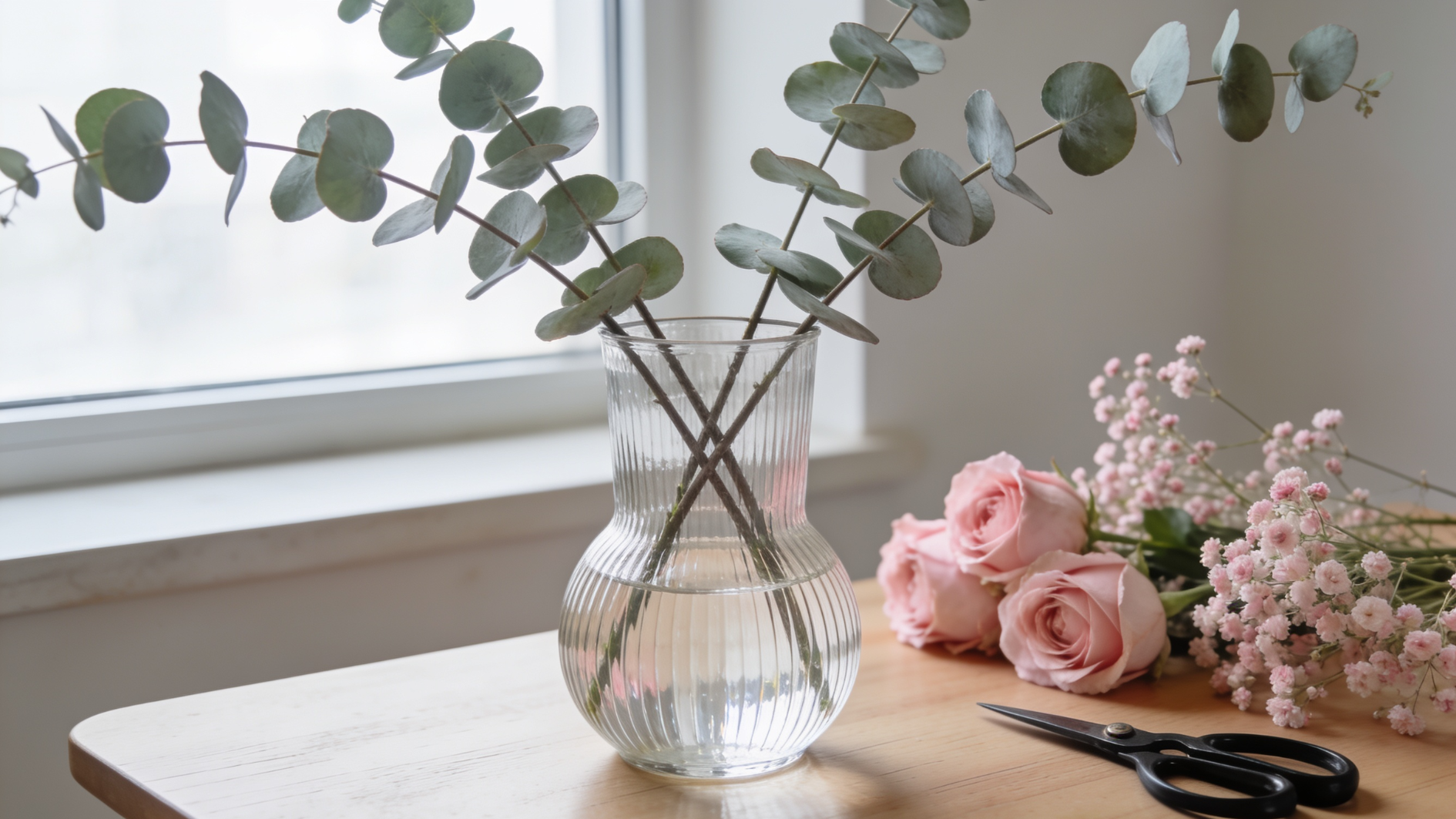 eucalyptus stems in a ribbed glass vase with pink roses, baby’s breath, and scissors