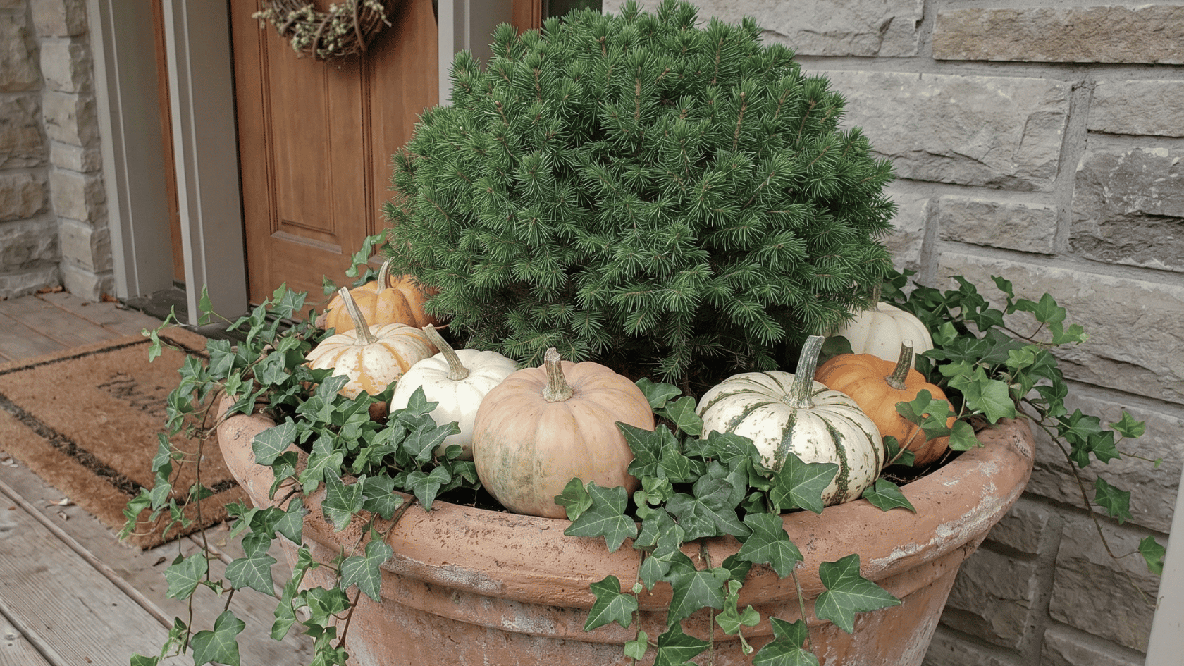 Container with a compact evergreen, small mixed pumpkins, and trailing ivy on a porch