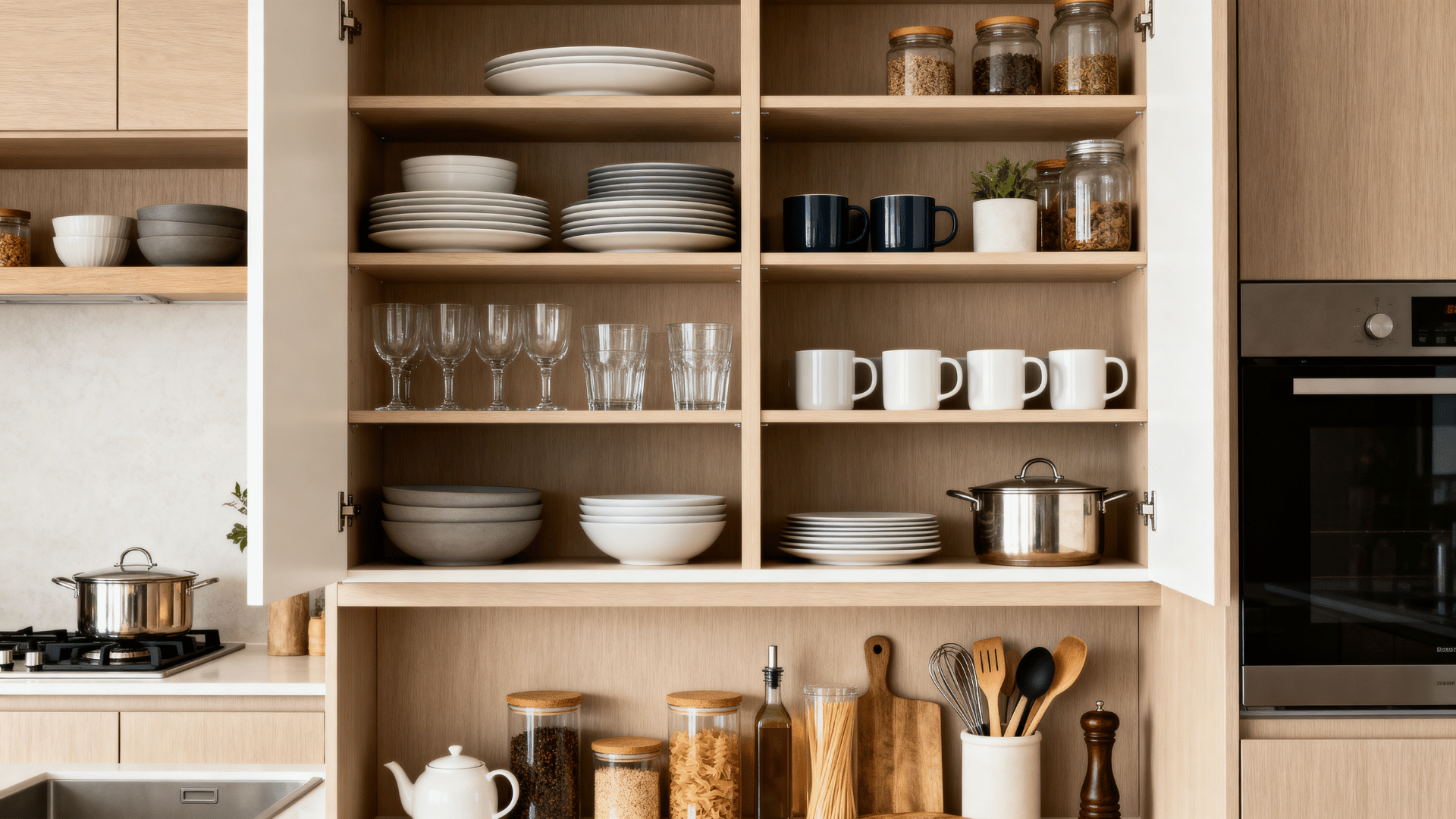 eye level kitchen cabinet with daily dishes glasses and cooking essentials placed within convenient reach