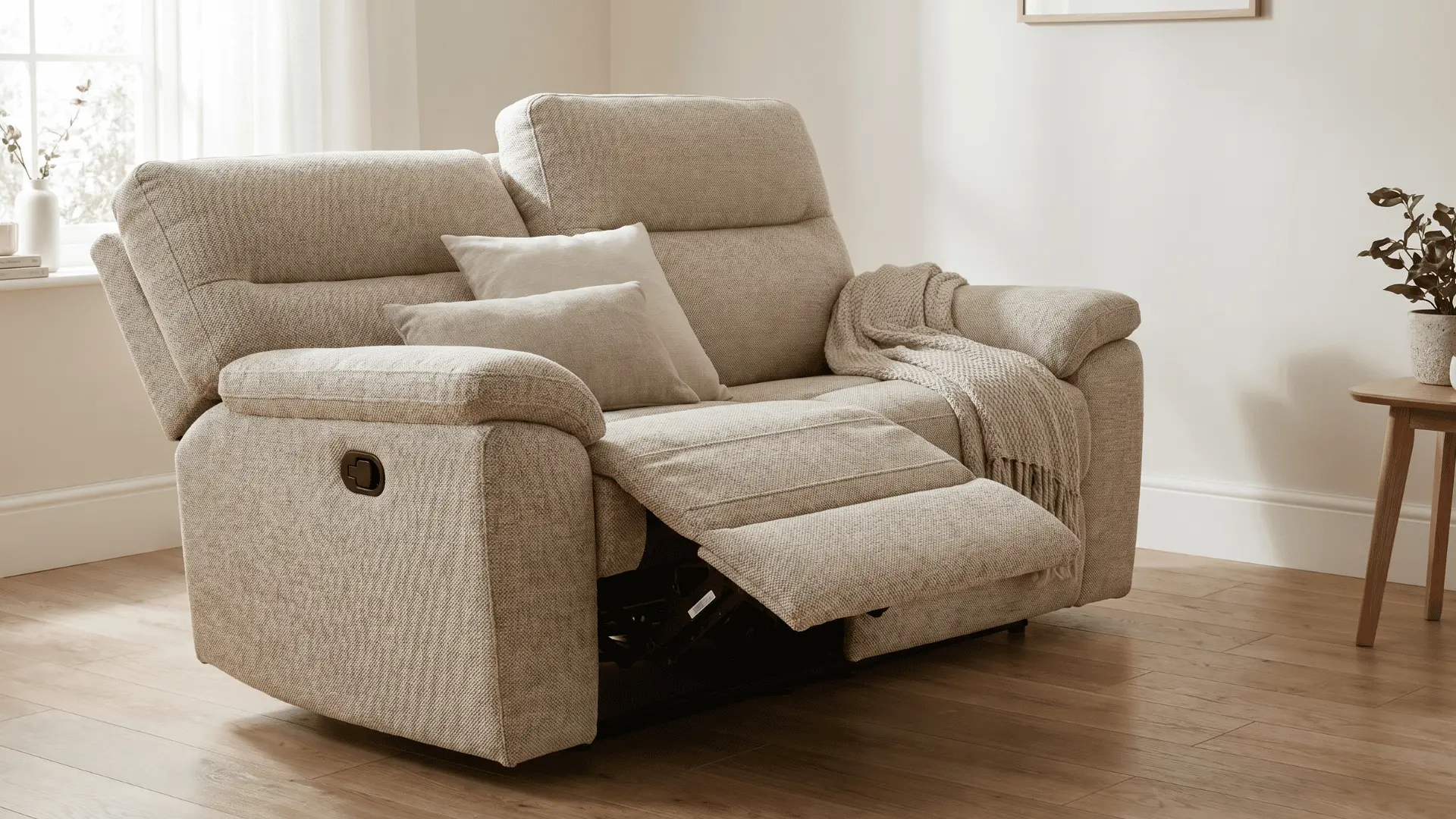 Fabric reclining sofa with footrest extended in a realistic living room settinge