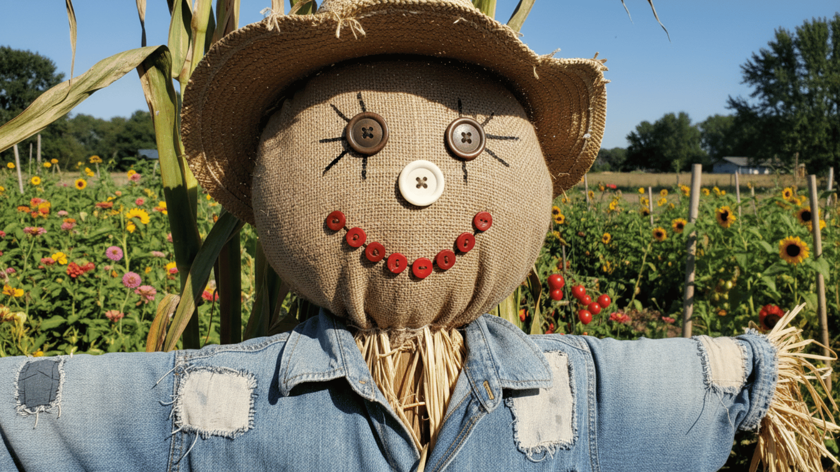 Scarecrow head with button eyes and face, wearing a hat in a garden
