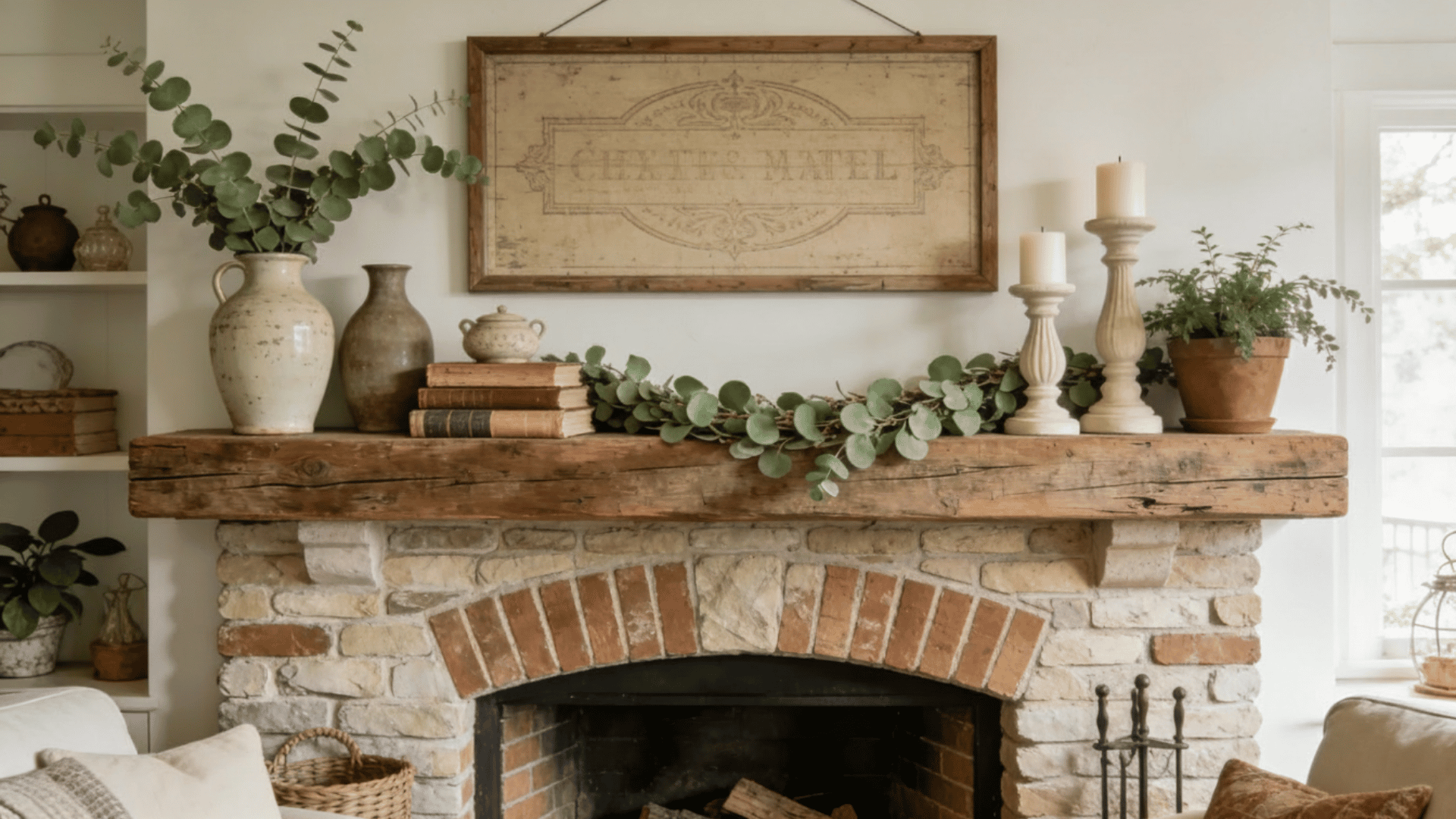 Farmhouse mantel decor with rustic fireplace, greenery, candles, books, and vintage artwork.