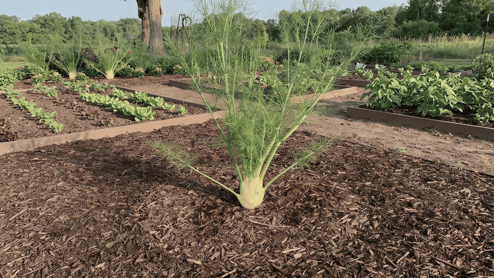 Fennel plant growing alone in a separate garden bed away from other vegetables