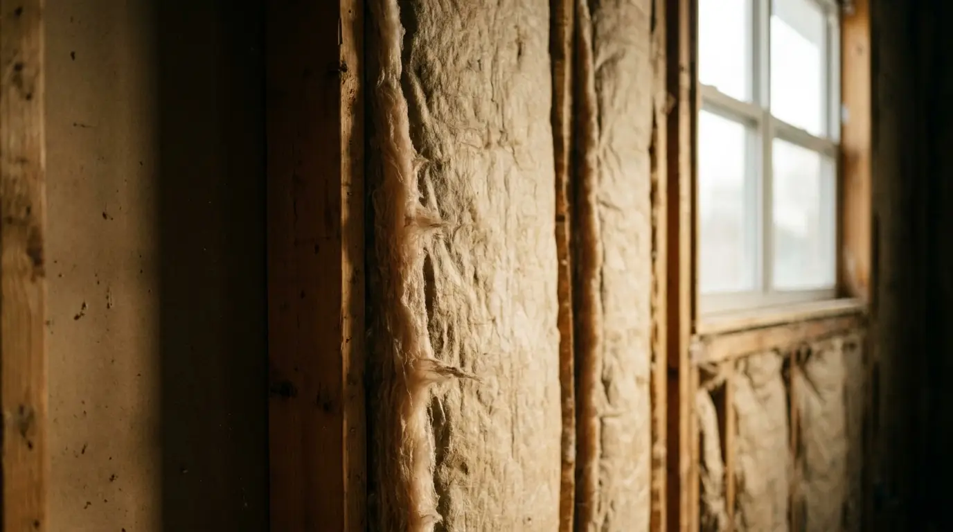 Insulation material between wooden wall studs next to a window in construction setting