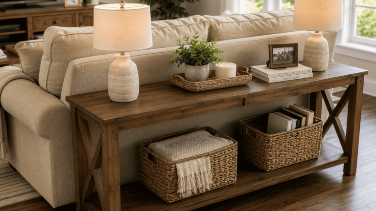 finished wooden sofa table behind couch with lamps baskets books and cozy living room decor