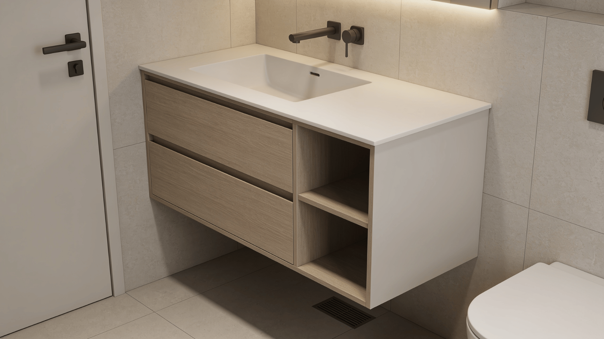 Wall-mounted vanity with visible floor space underneath