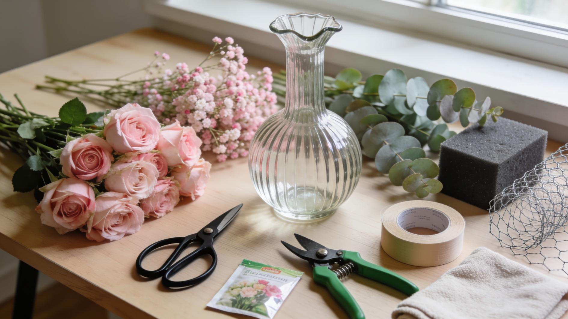 flower arrangement supplies with pink roses, vase, eucalyptus, scissors, tape, foam, and wire