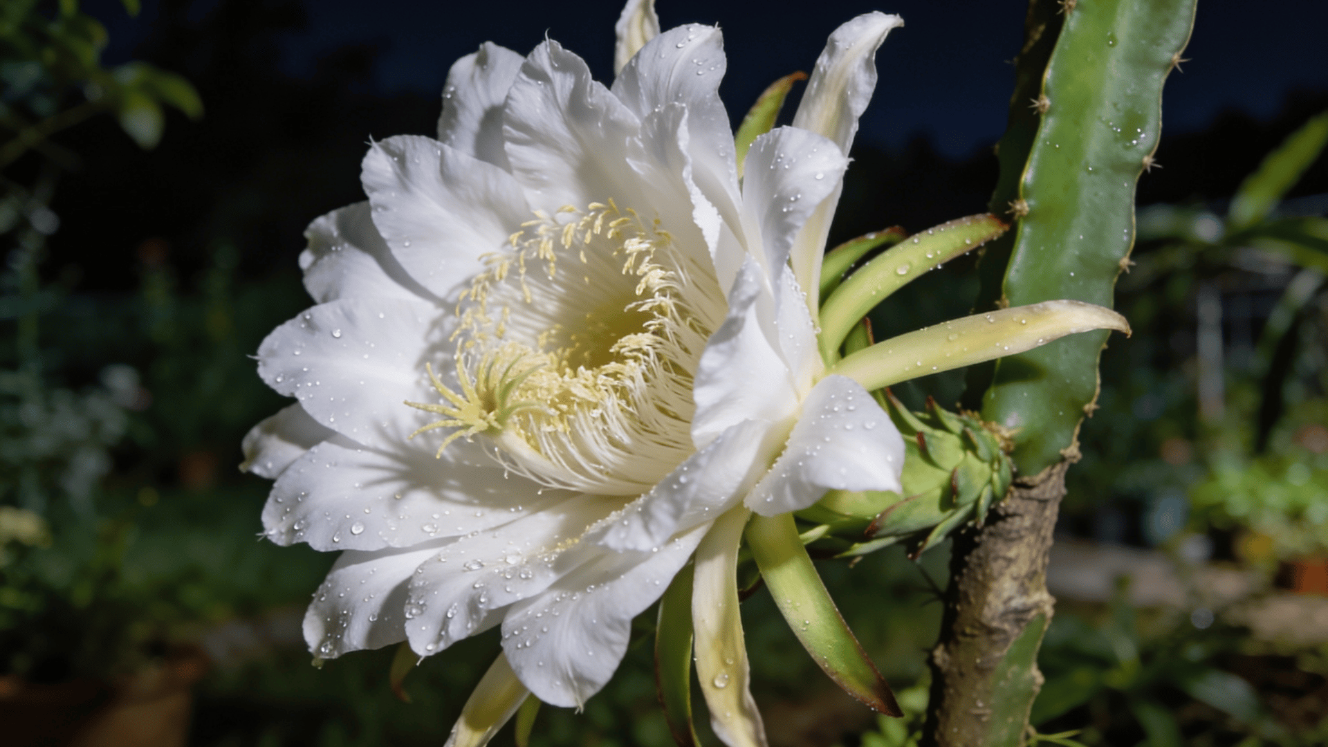 Night-blooming dragon fruit flower in full bloom on cactus stem.