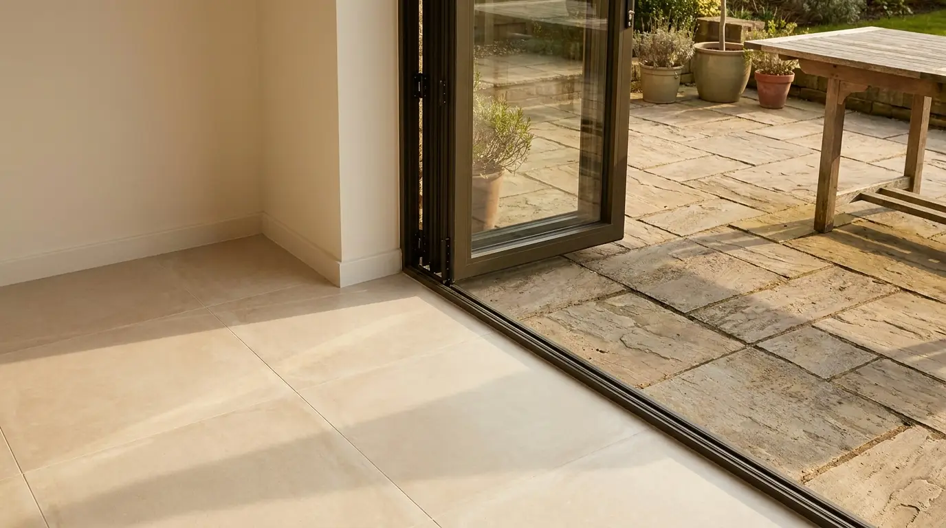 Open sliding glass door between indoor tiles and stone patio with potted plants