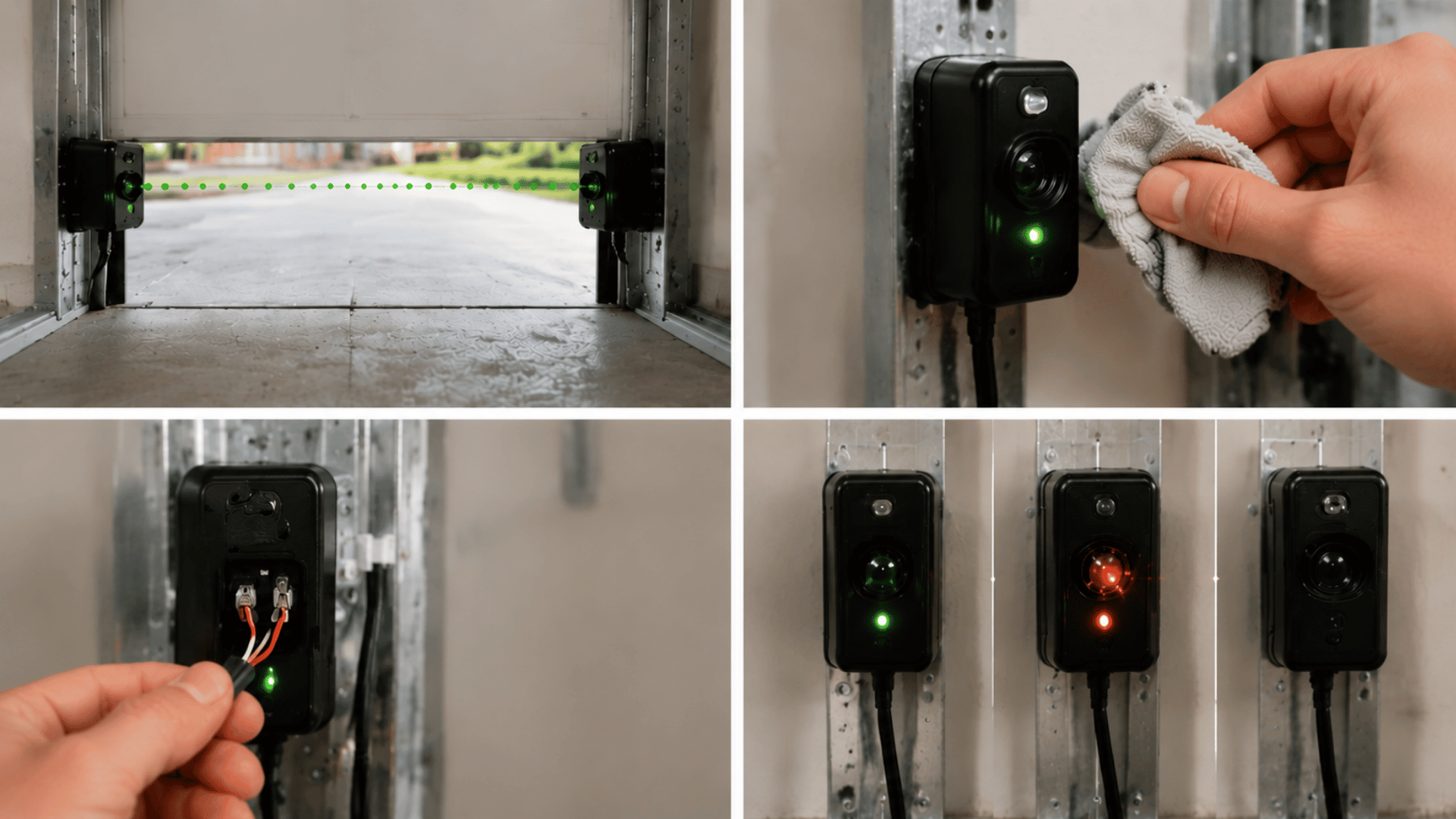 four panels showing how to align, clean, wire, and check the status of garage door safety sensors.