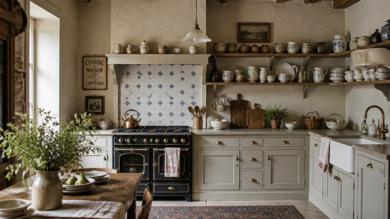 French country kitchen with rustic wood, neutral colors, stone surfaces, and vintage details