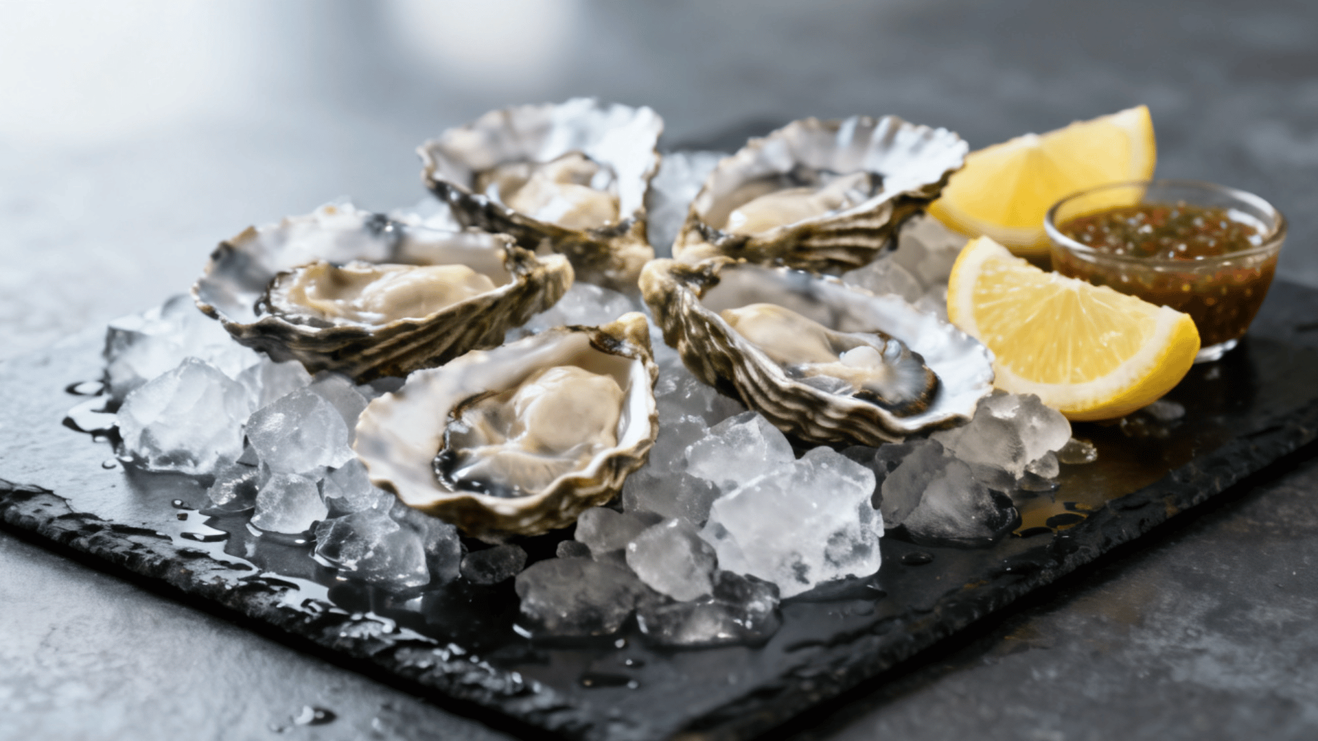 fresh oysters on ice with lemon wedges and dipping sauce served on a black slate platter for a seafood appetizer