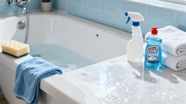 freshly cleaned bathtub with cleaning supplies neatly placed around it
