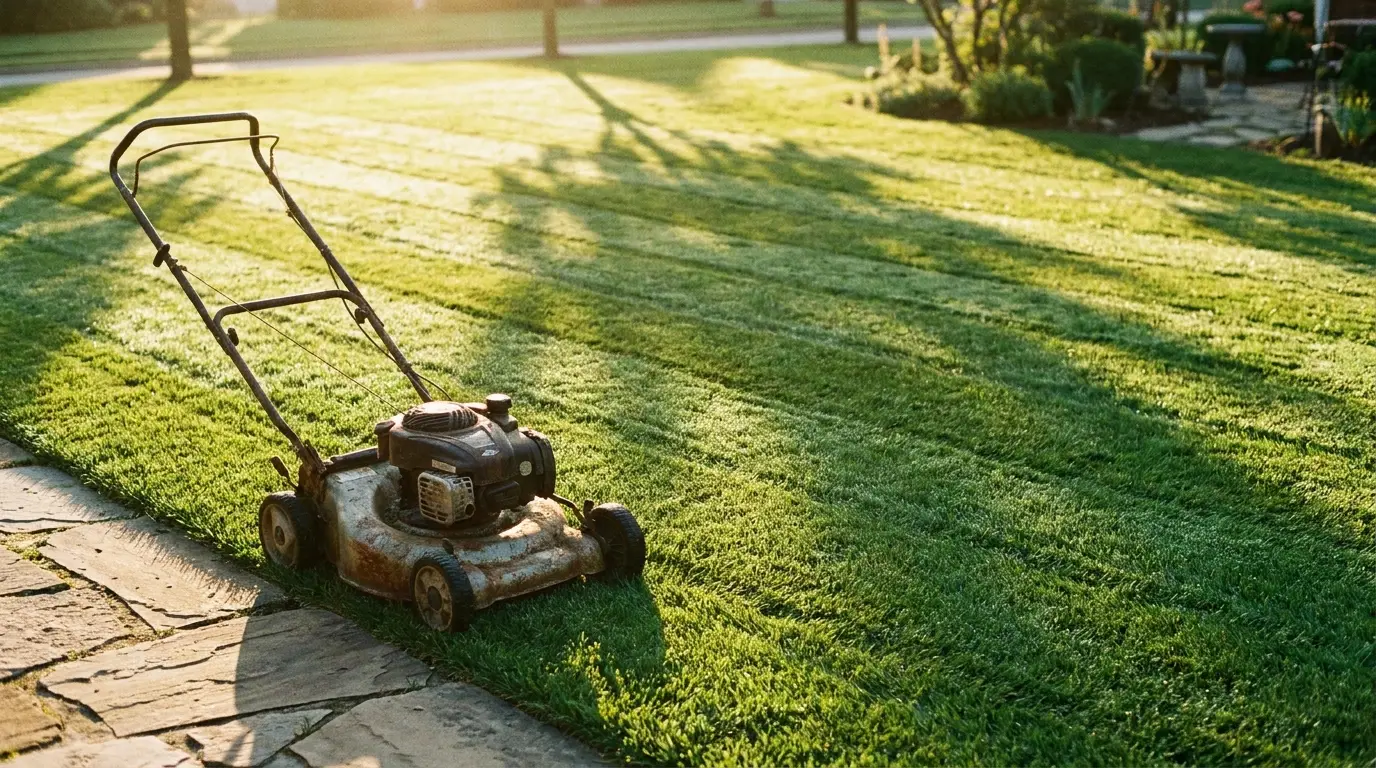 Lawn mower on freshly cut grass in sunny backyard garden setting