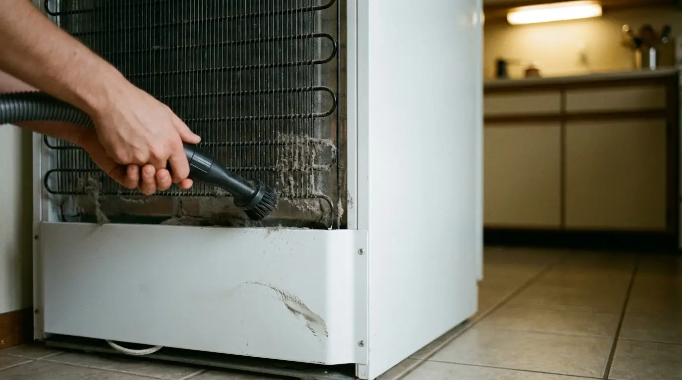 Cleaning refrigerator coils with vacuum brush attachment in a kitchen setting