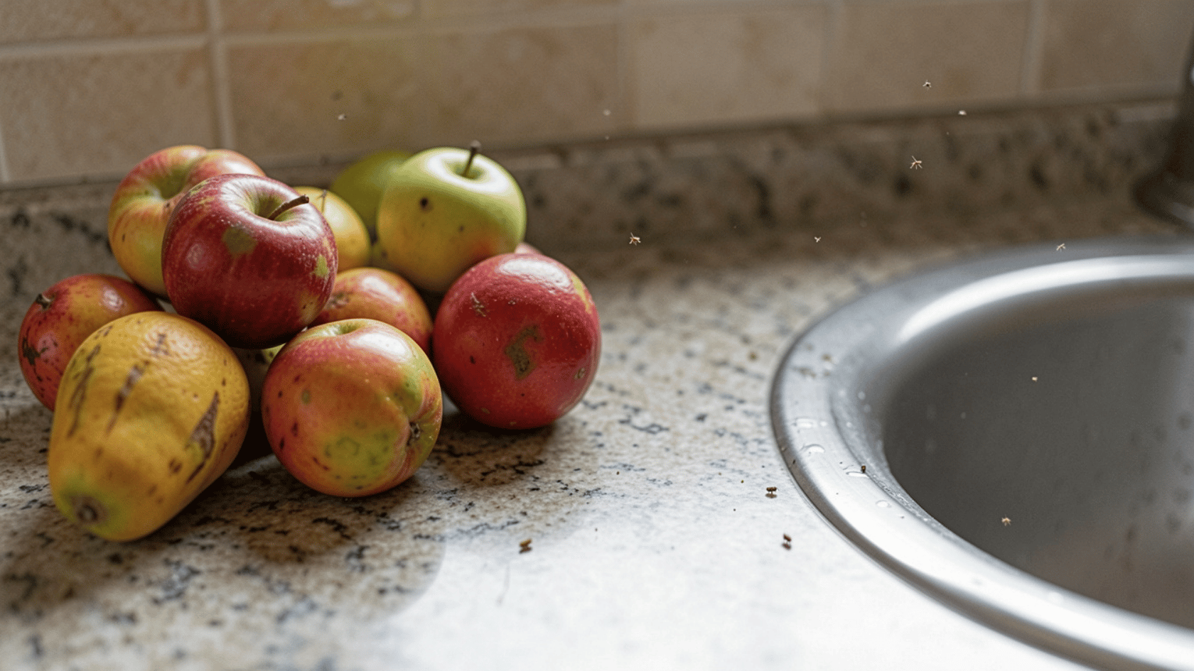 Kitchen counter with overripe fruit bowl and sink drain with a few fruit flies nearby