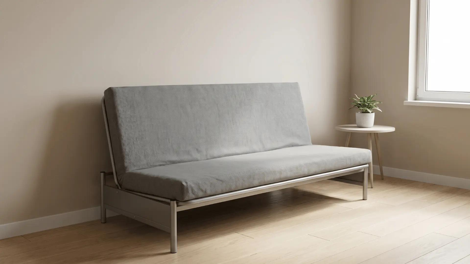 Futon sofa with foldable backrest and thin cushion in upright position