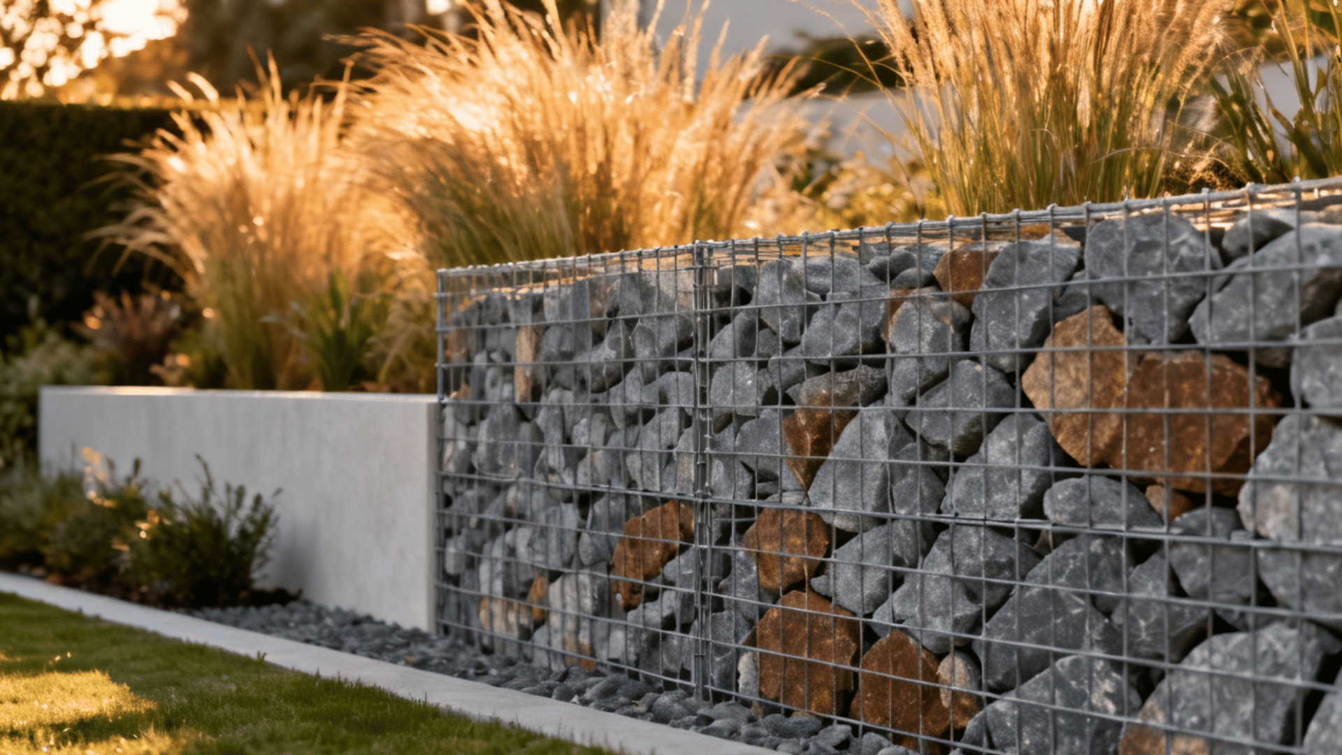 gabion fence filled with mixed stones beside ornamental grasses and modern landscaping in warm evening sunlight