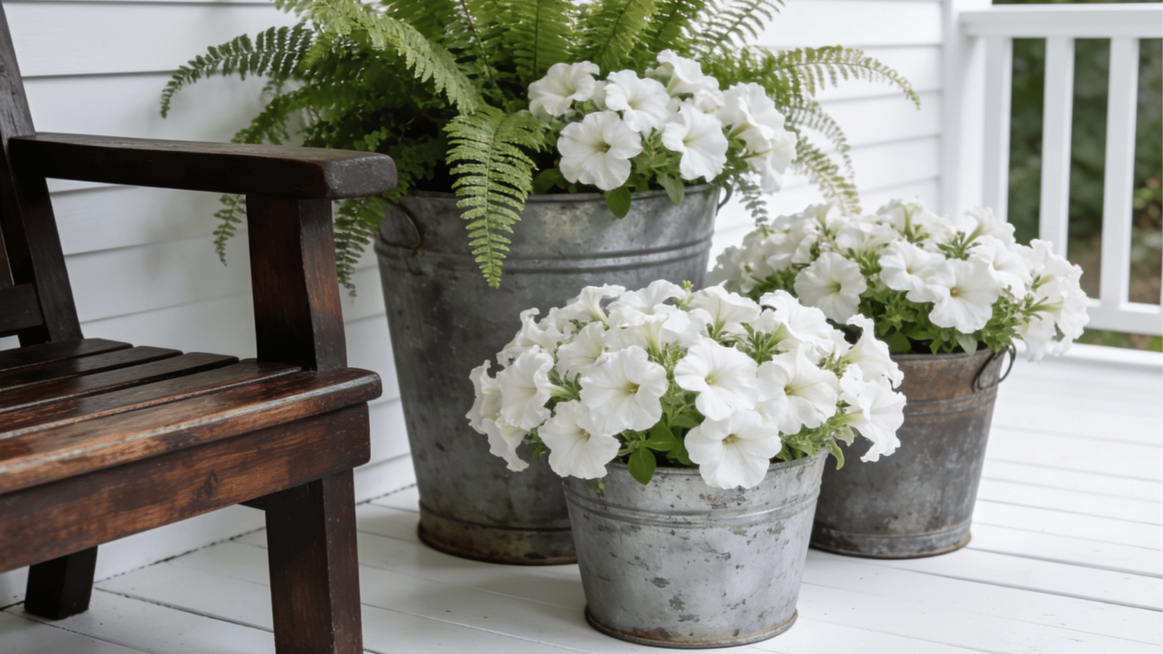 White flowers in galvanized metal pots beside a wooden chair on a bright porch with ferns
