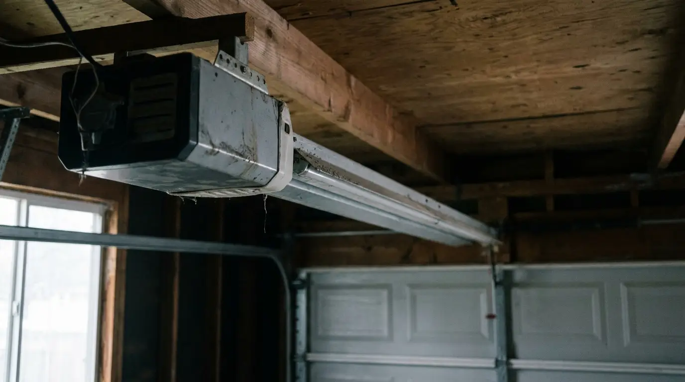 Overhead garage door opener in dimly lit wooden garage setting