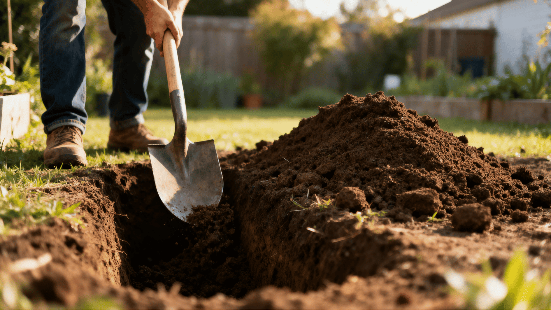 gardener digging wide planting hole in backyard soil with shovel fresh earth piles natural daylight garden photo