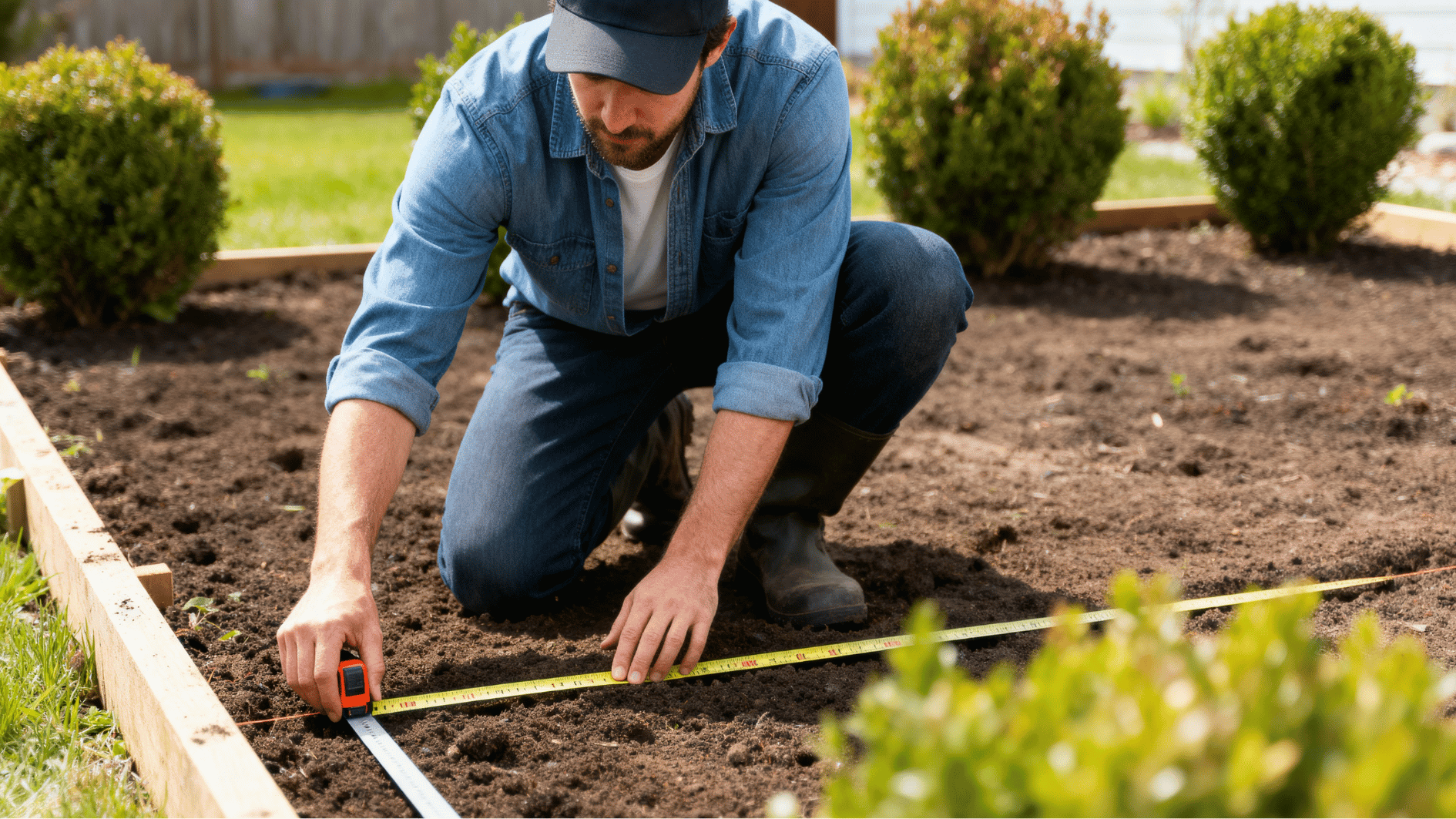 gardener kneeling in backyard garden measuring soil bed with tape measure and marking spacing for planting in prepared plot