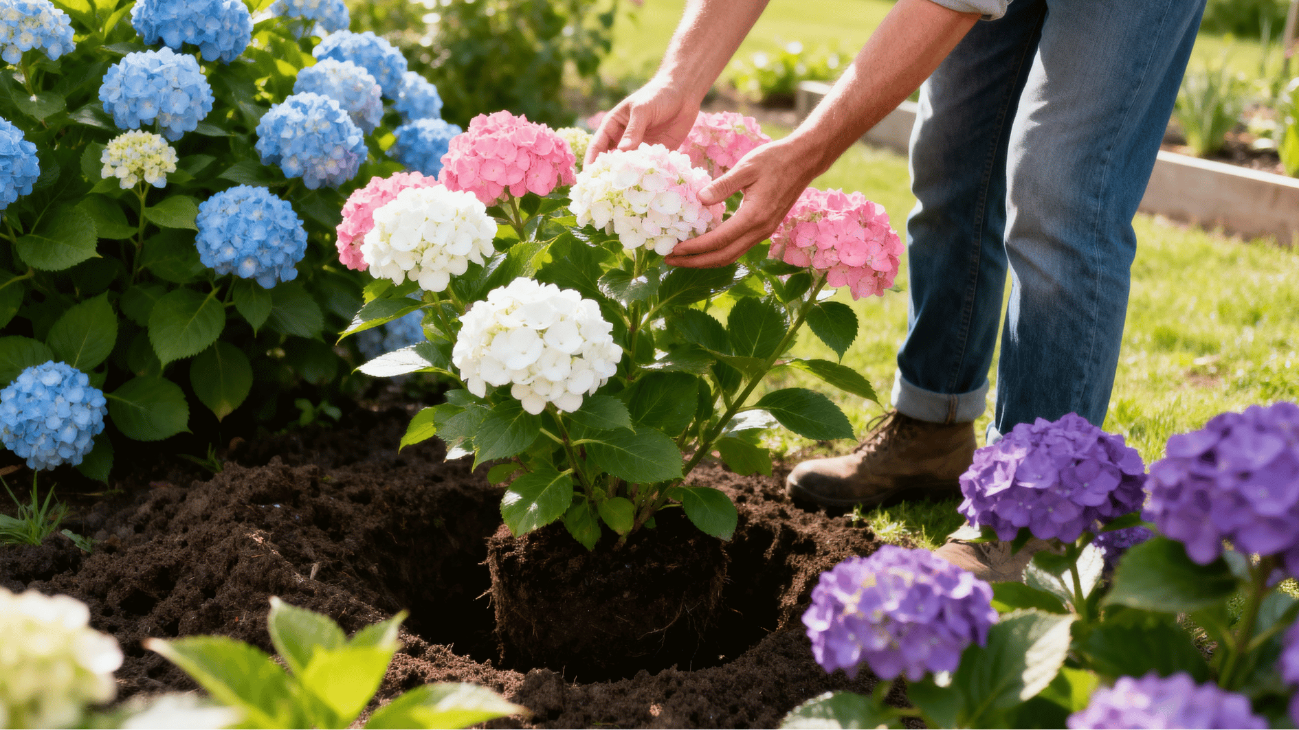 gardener planting hydrangea in backyard soil bed surrounded by blooming blue pink white purple flowers under sunlight