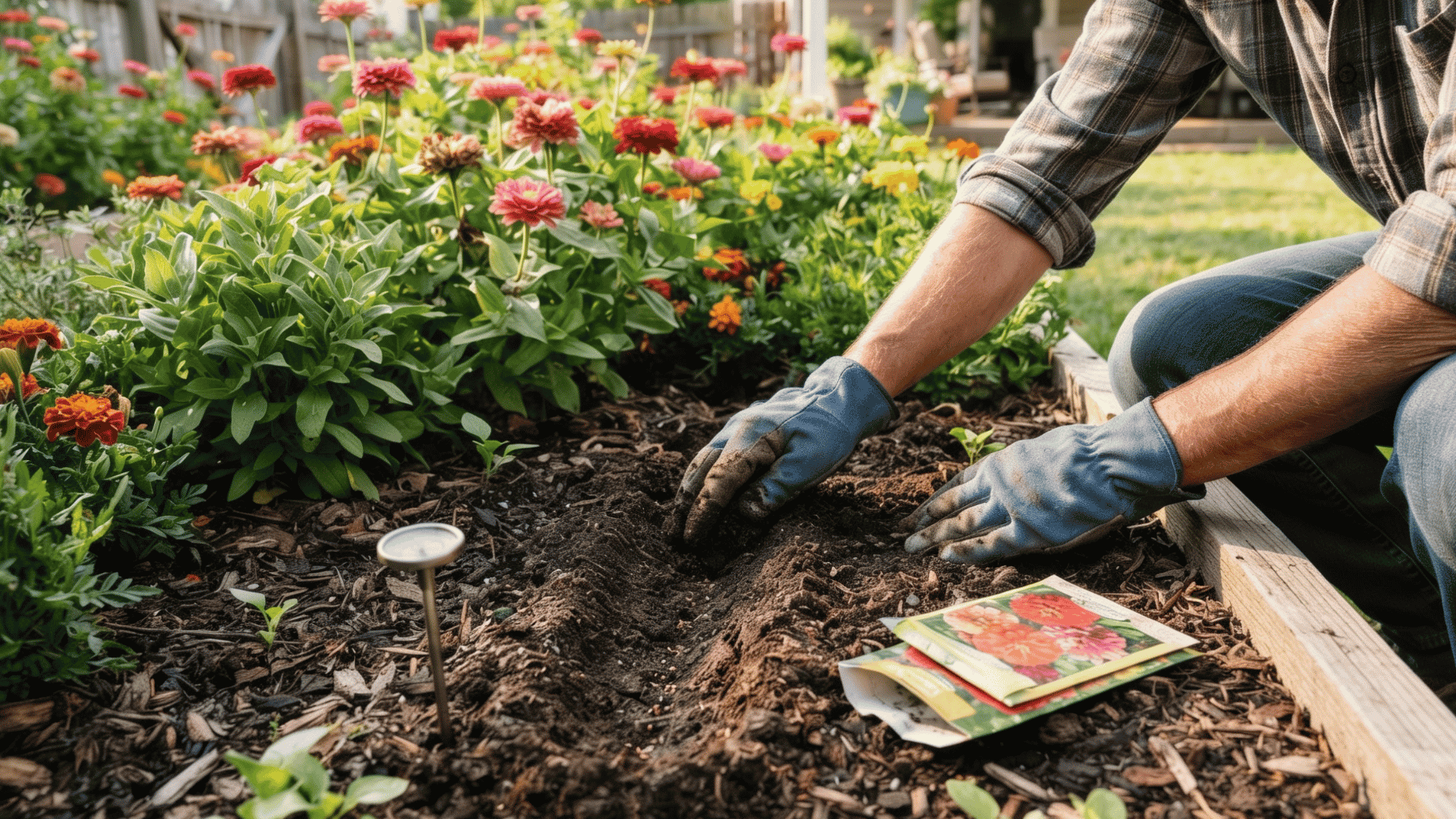 gardener planting zinnia seeds in a sunny backyard flower bed with gardening tools nearby
