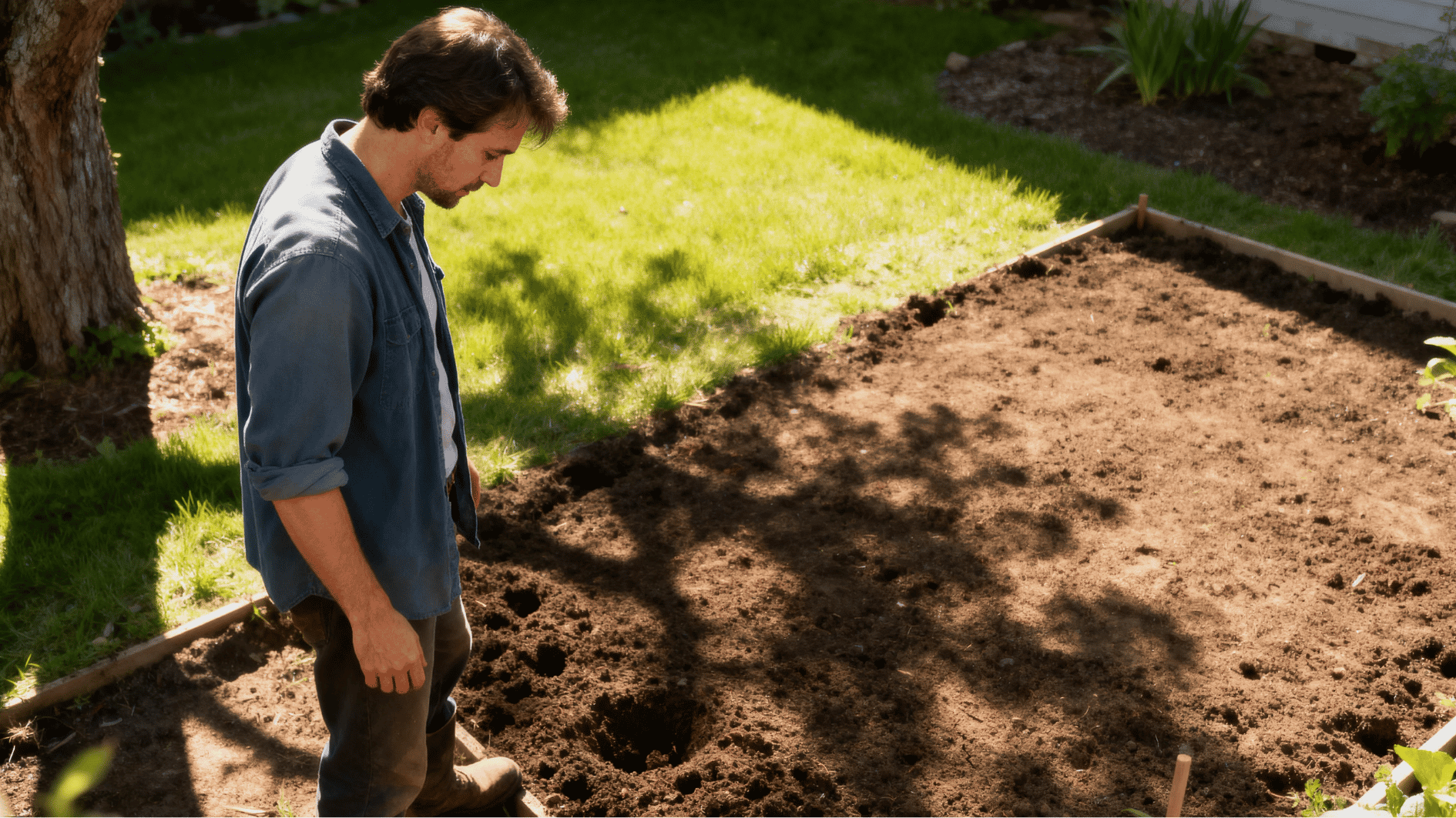 gardener standing beside freshly prepared garden bed of dark soil in backyard, looking down at planting area in sunlight