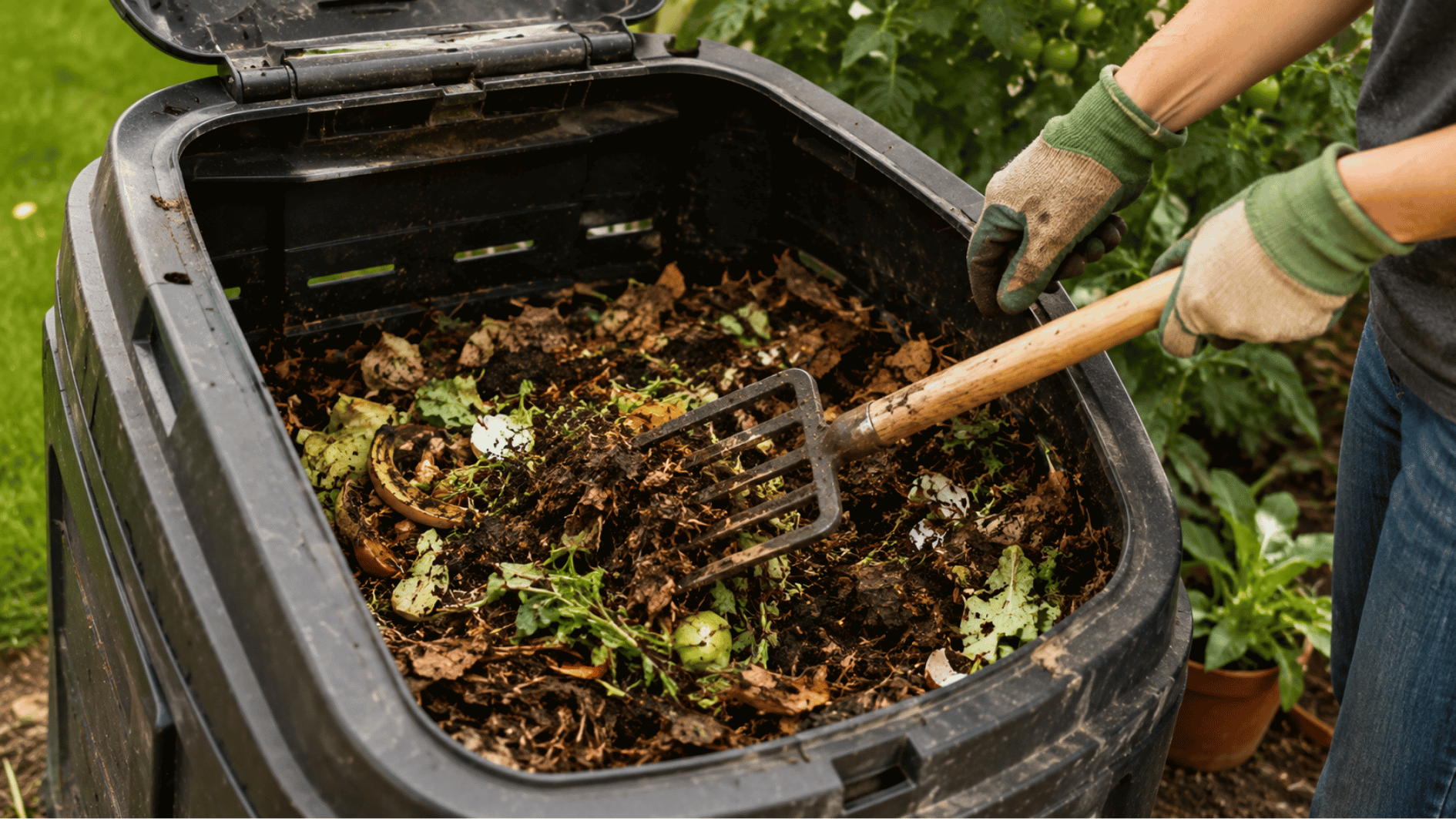 gardener turning compost with a pitchfork inside a black bin filled with scraps and leaves