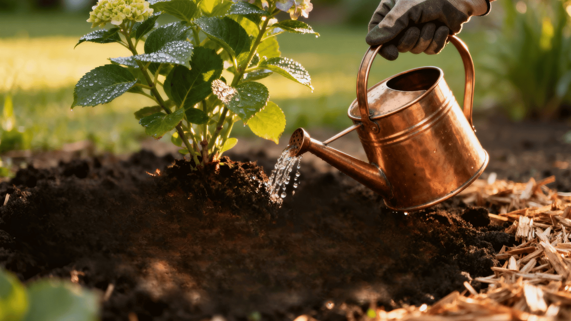 gardener watering newly planted hydrangea with watering can soaking soil at base in backyard garden soft daylight photo (1)