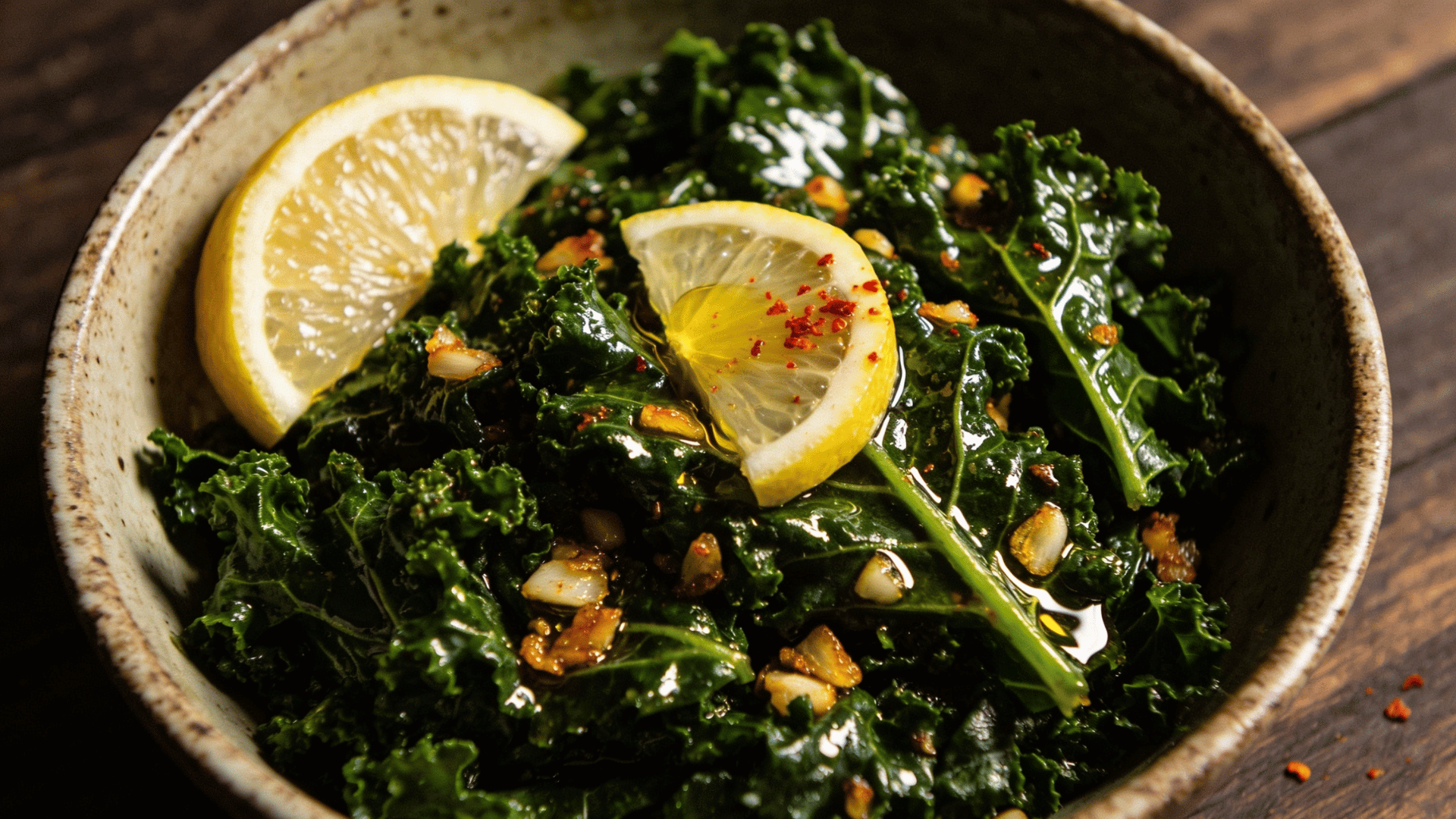 garlic sautéed kale with lemon slices and crispy garlic, served in a rustic bowl with a light drizzle of olive oil