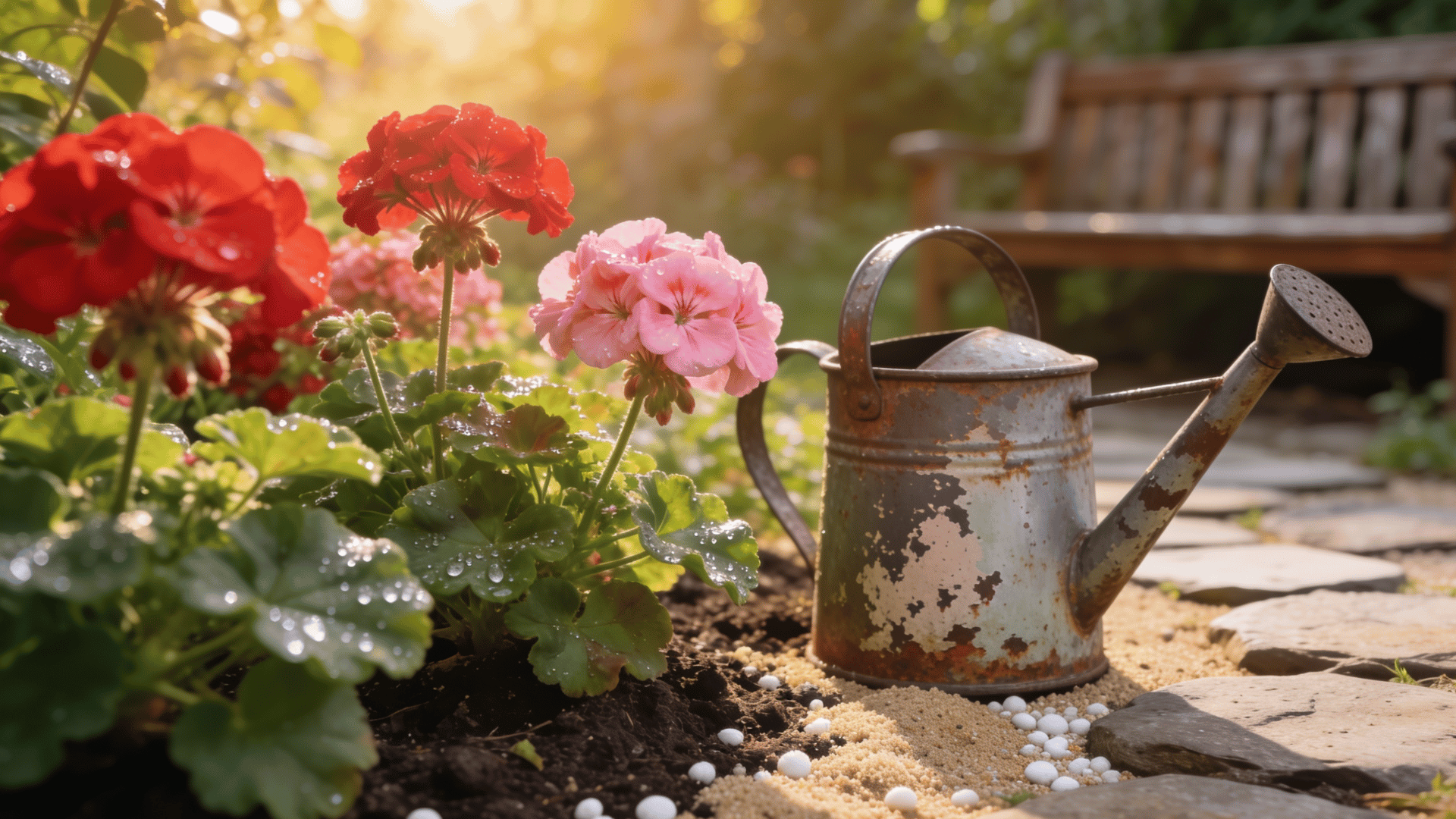geranium flowers beside a watering can in a sunny garden with fresh green leaves and a stone pathway