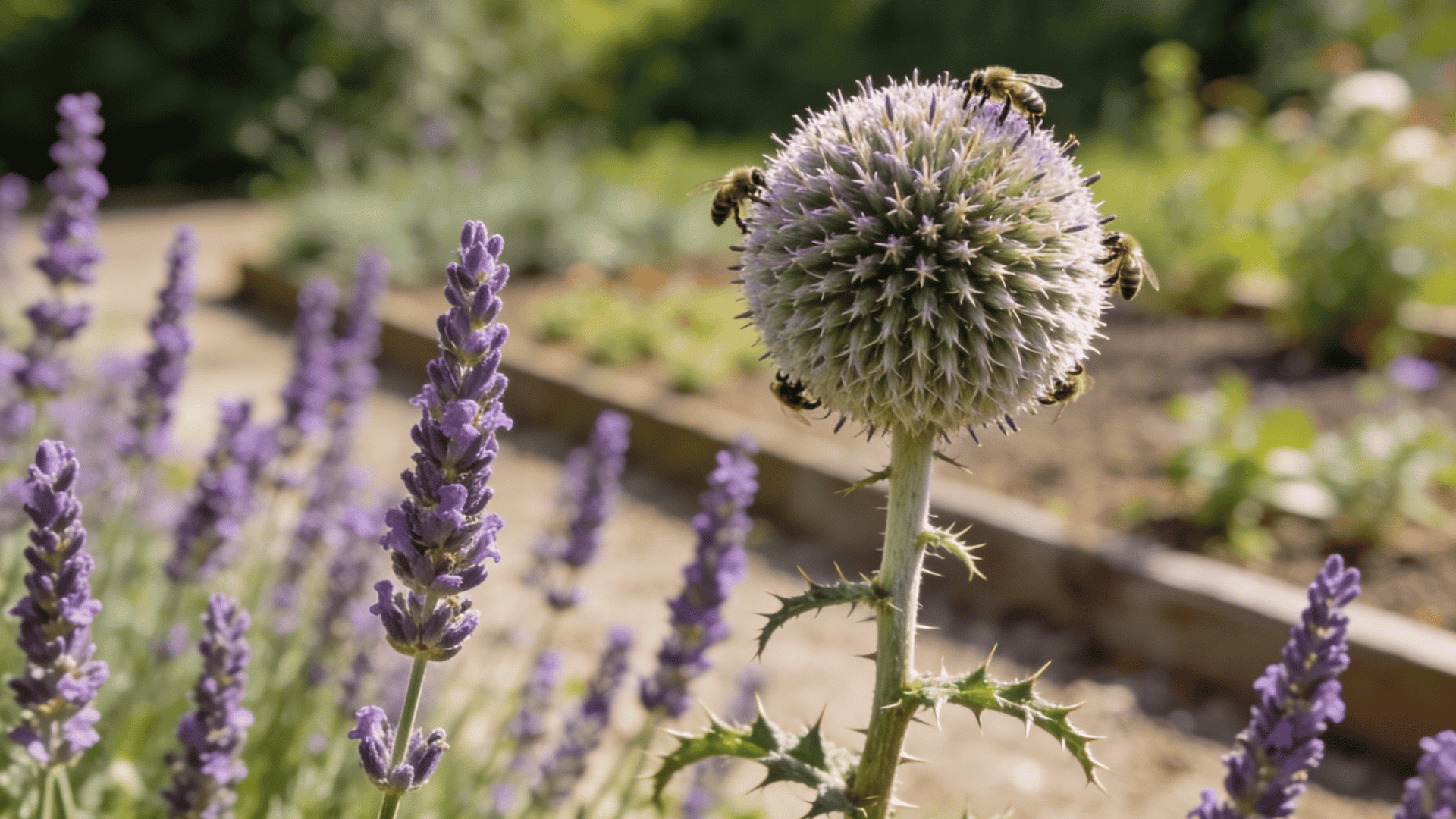Globe thistle spherical blooms beside lavender adding texture contrast in a structured garden layout.