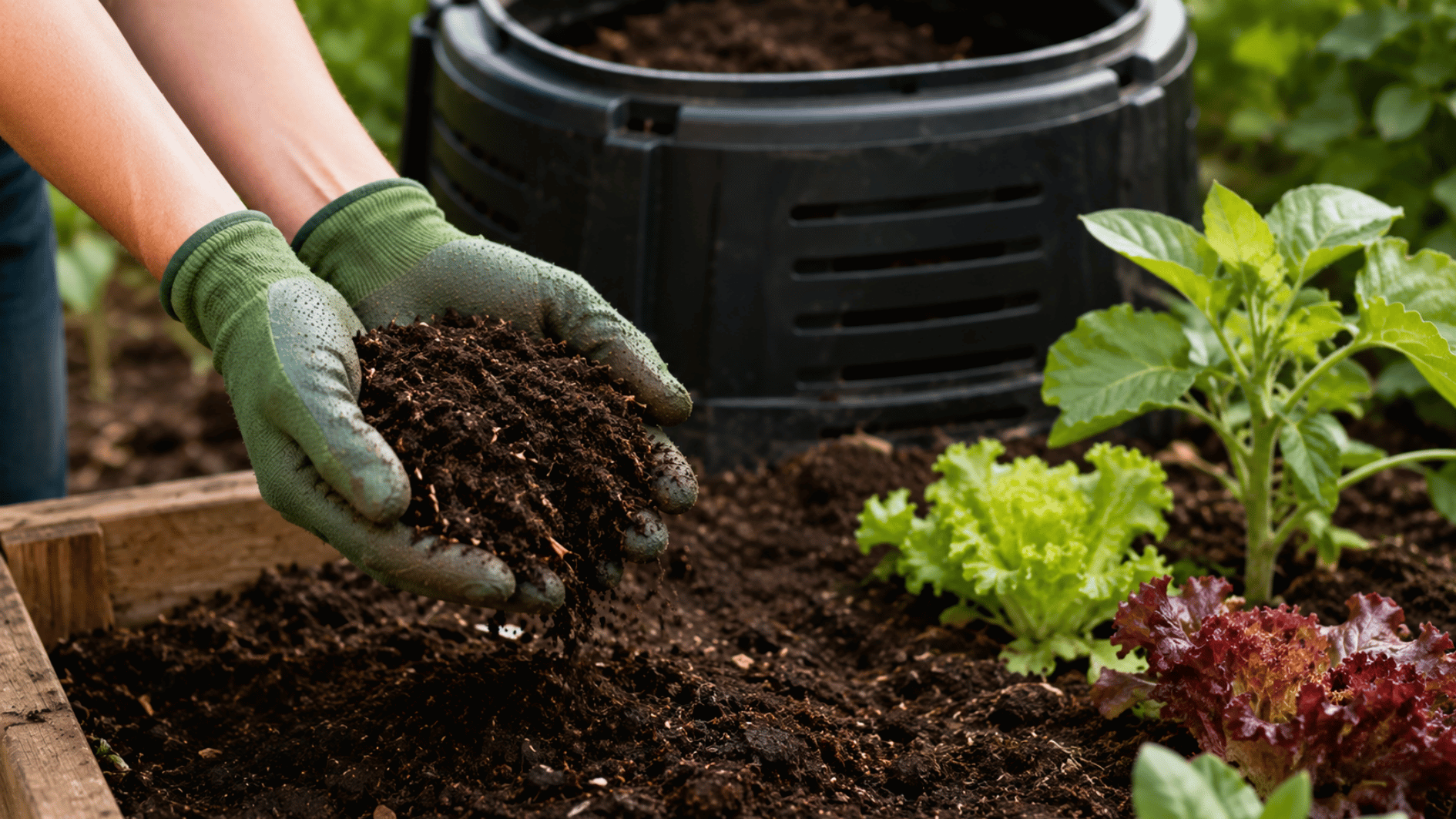 gloved hands adding finished compost to a raised garden bed with leafy vegetables growing nearby