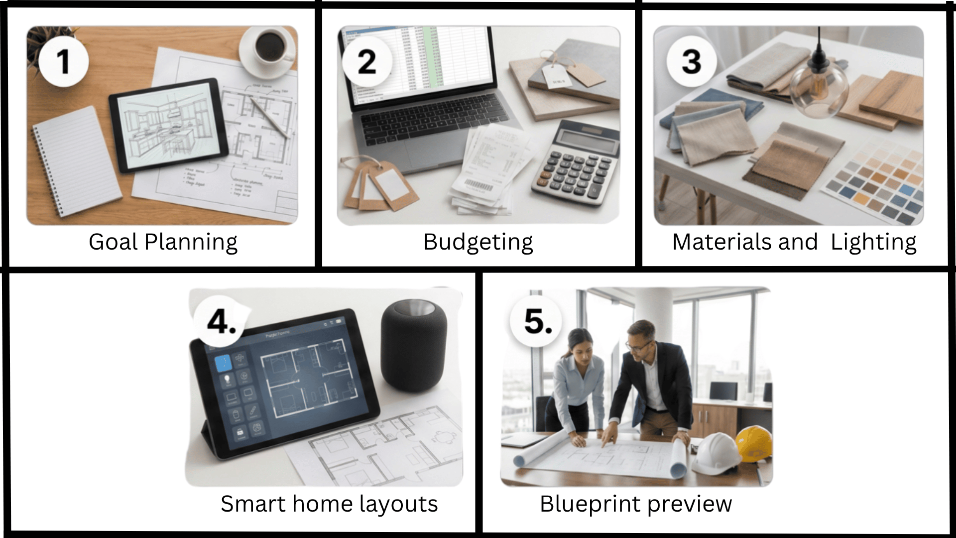 Collage showing five stages of home renovation planning and design