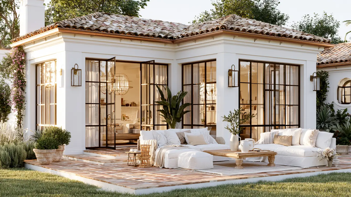 Outdoor patio with white sofas and wooden table in front of modern house with open glass doors