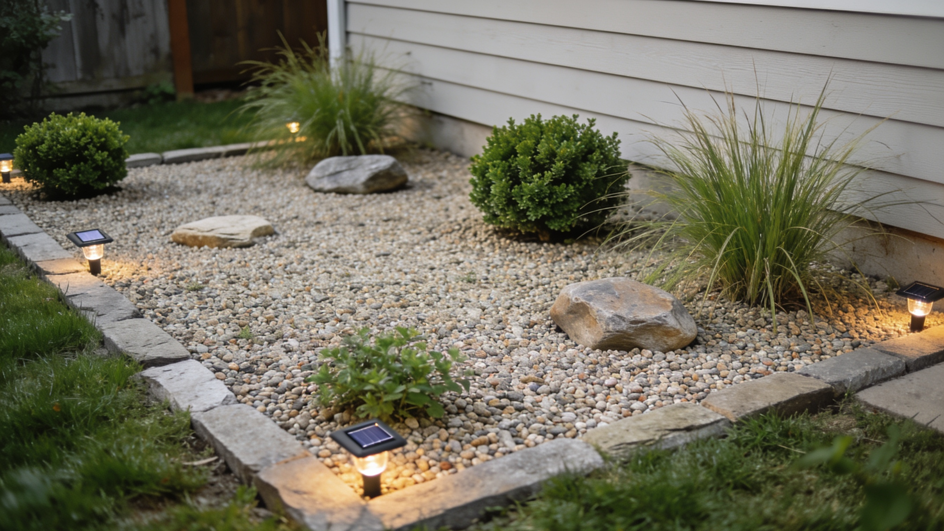 gravel garden bed with solar lights, ornamental grasses, shrubs, and rocks beside house siding