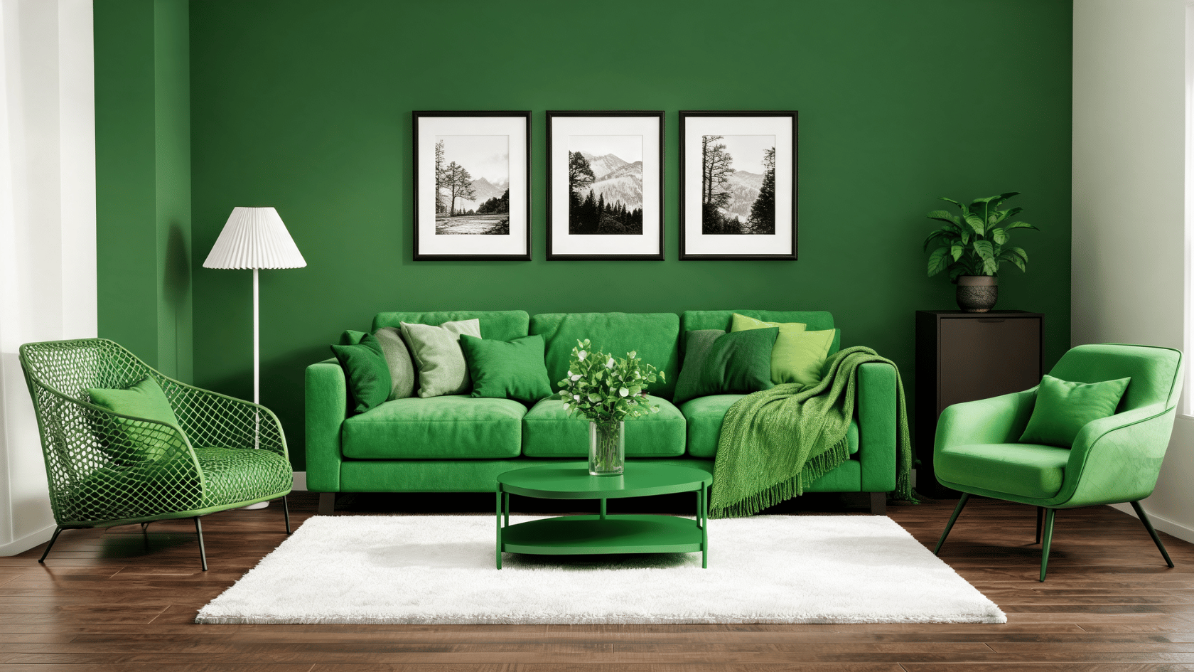 Monochrome green living room with a green sofa, two armchairs, a white rug, and three framed nature prints.