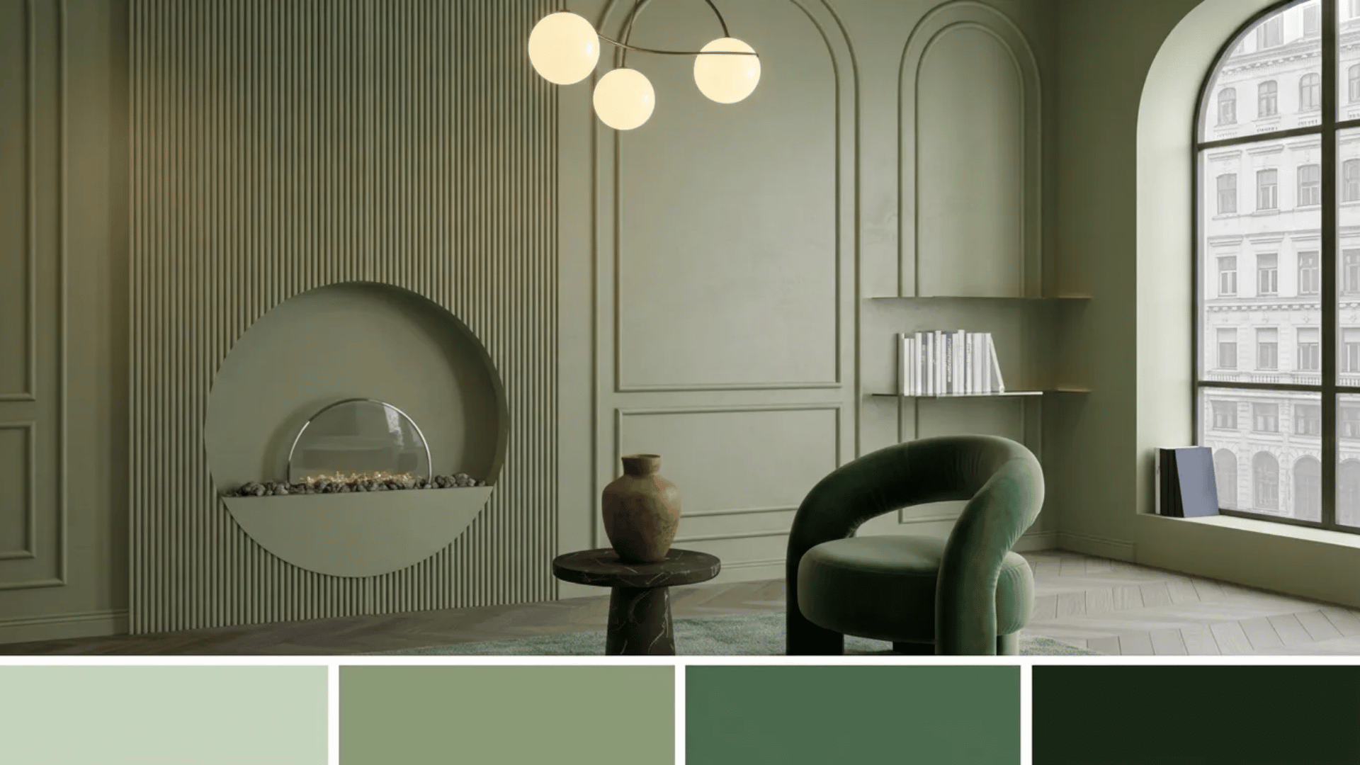 Monochromatic sage green room with a curved armchair, a circular fireplace, slatted walls, and a green color palette bar.
