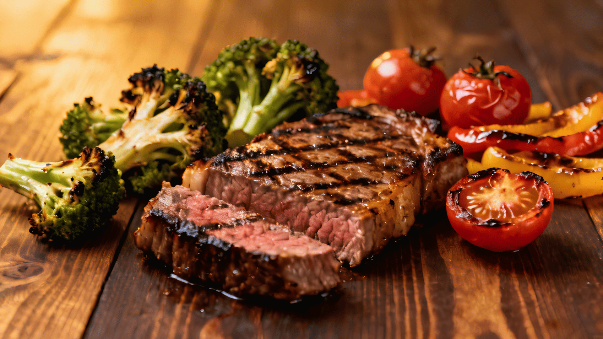 grilled beef steak served with roasted broccoli, charred tomatoes, and bell peppers on a rustic wooden table