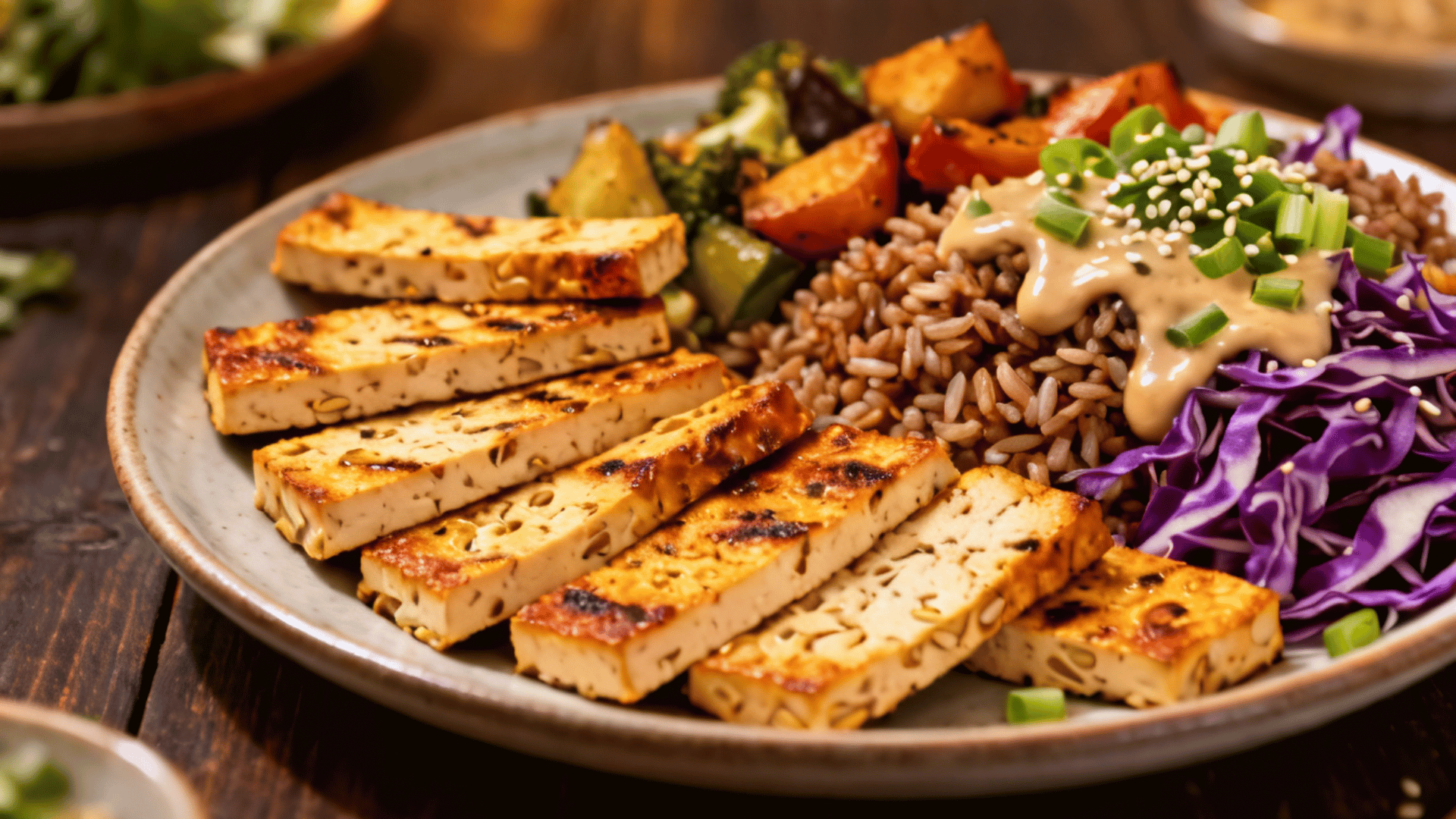 grilled tempeh slices served with brown rice, roasted vegetables, red cabbage, and creamy dressing on a hearty grain bowl plate