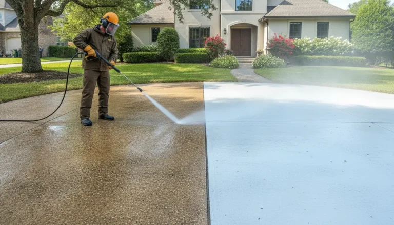 Worker pressure washing driveway in front of suburban house with green lawn and trees