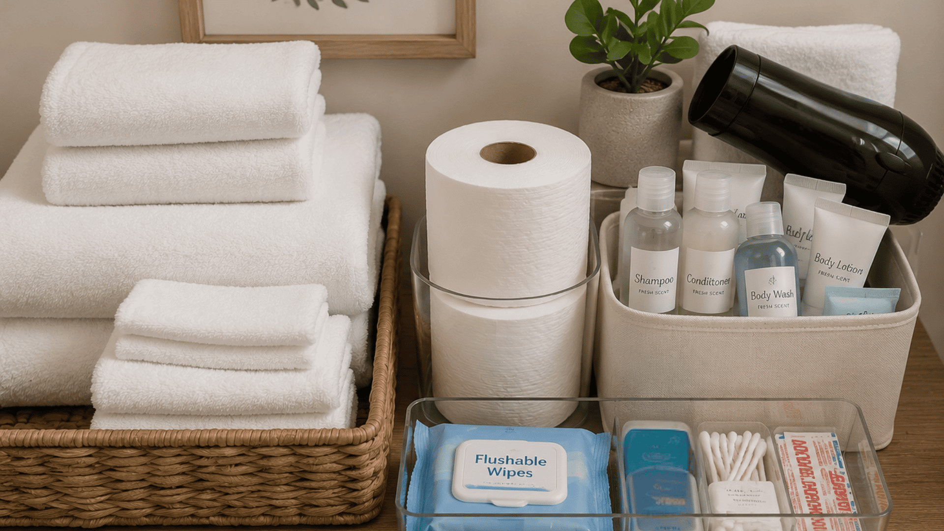 Organized guest bathroom essentials with white towels, toiletries, wipes, and a hair dryer