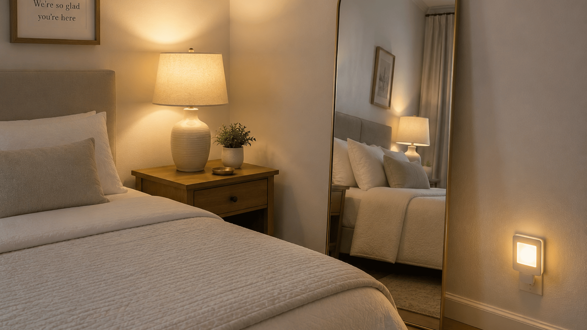 Cozy guest room setup featuring a warm bedside lamp, an arched floor mirror, and a wall plug-in nightlight for comfort