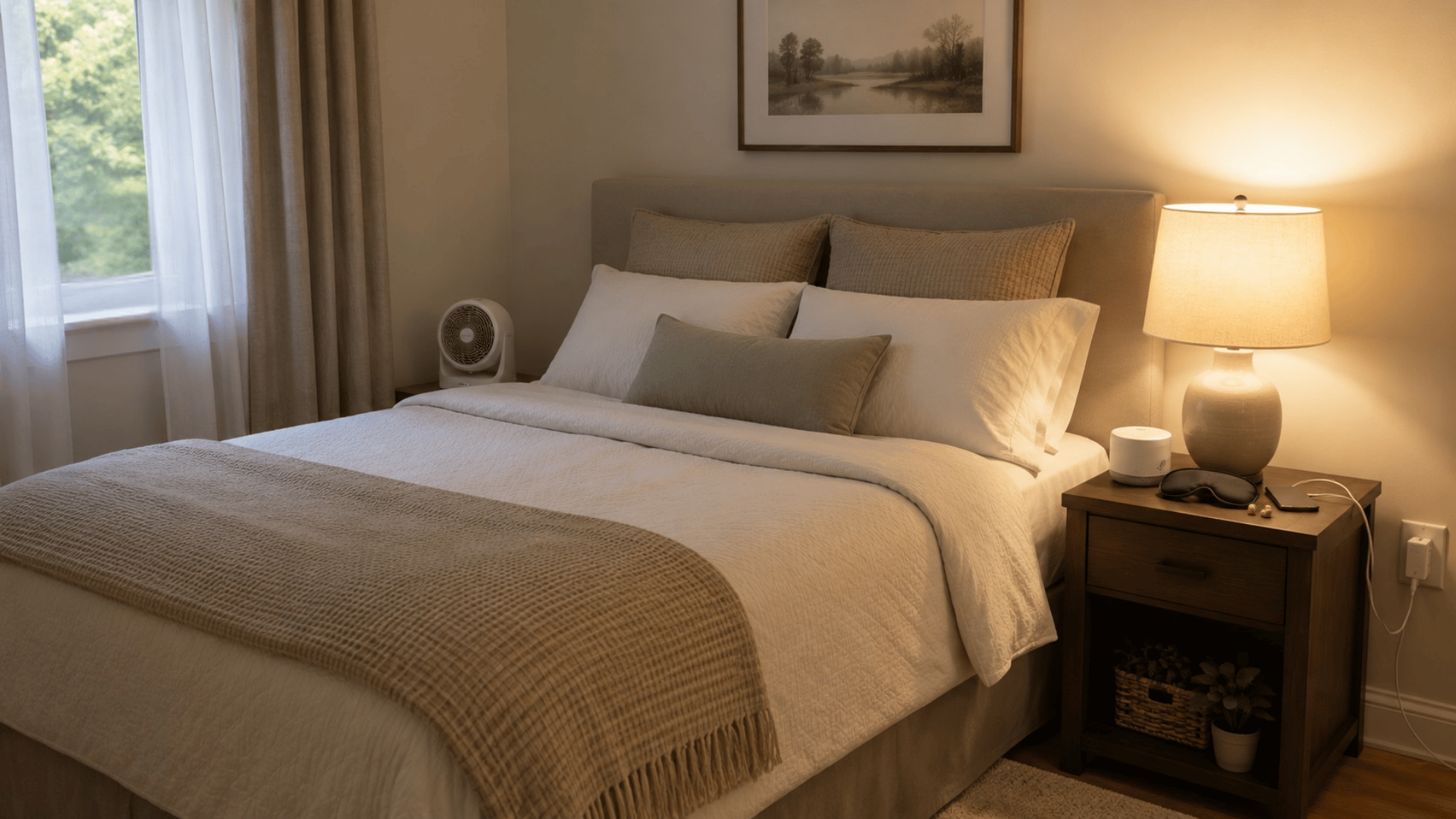Warmly lit guest bed with sleep add-ons