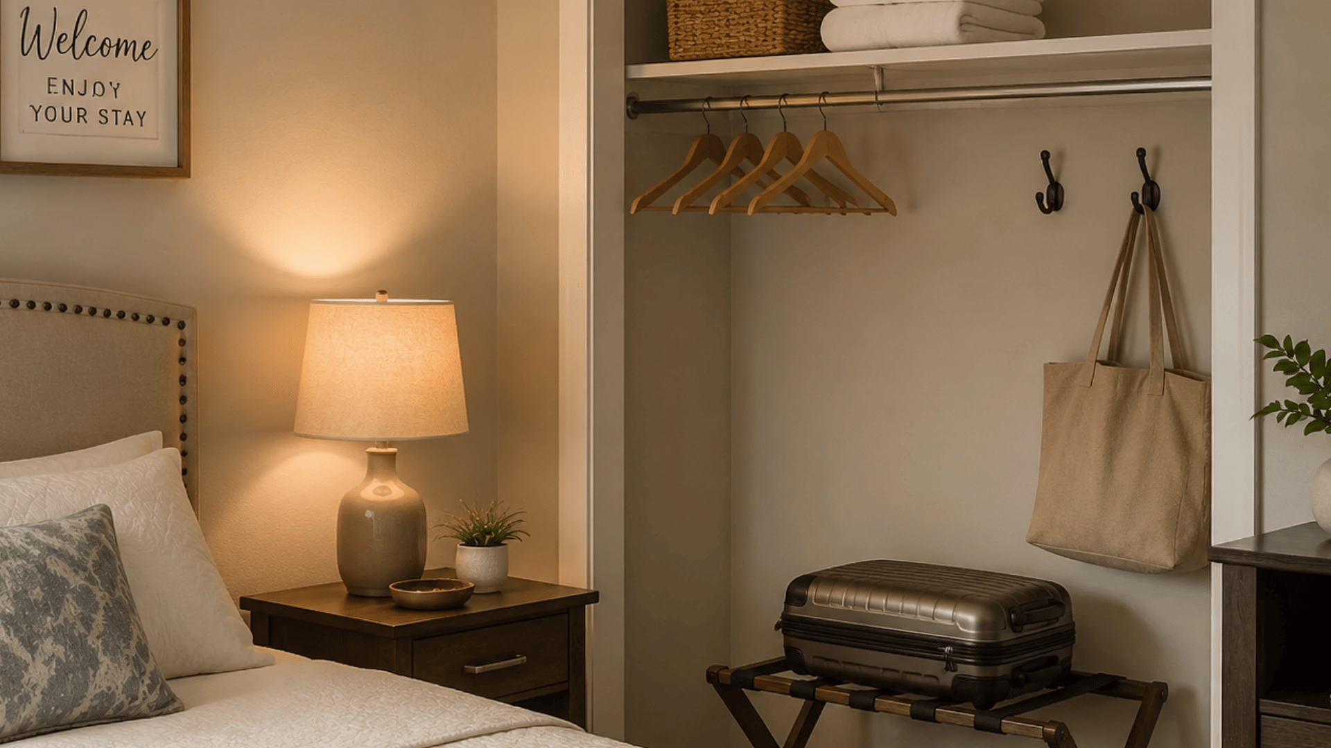 guest bedroom showing closet storage convenience featuring empty clothing hangers towels and a luggage rack