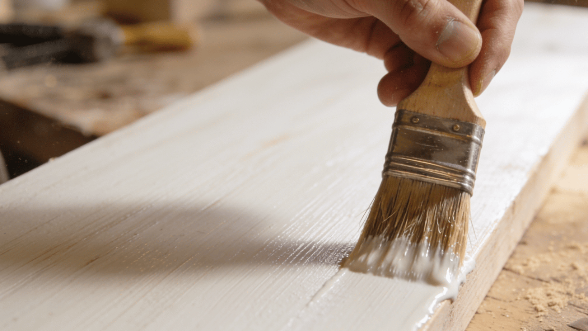 Hand brushing whitewash onto wooden plank, applying evenly with the grain in a workshop setting