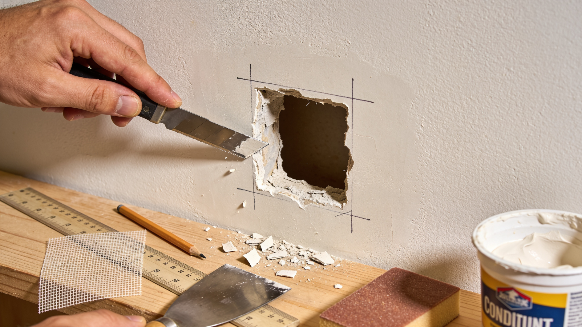 hand cutting a marked drywall hole with utility knife, mesh patch, ruler, spackle, and sponge