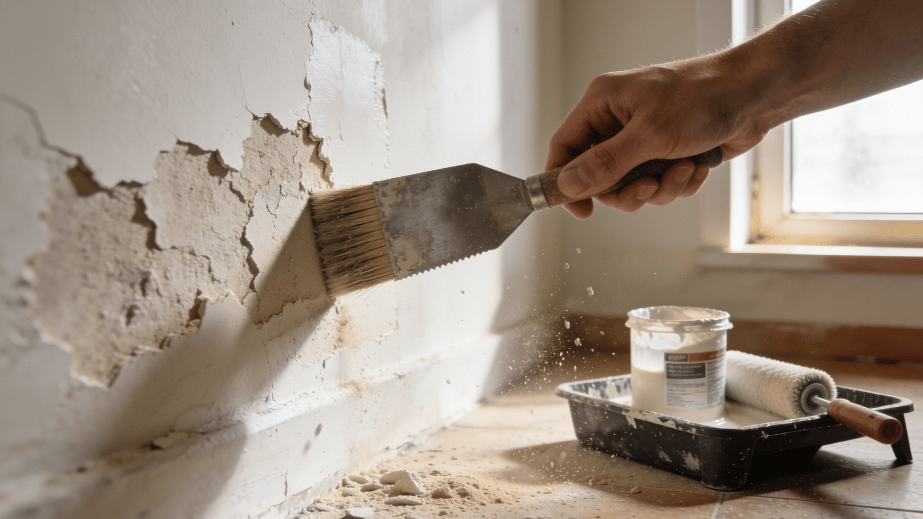 hand scraping peeling plaster from wall with putty knife near window, dust falling, paint tray (2)